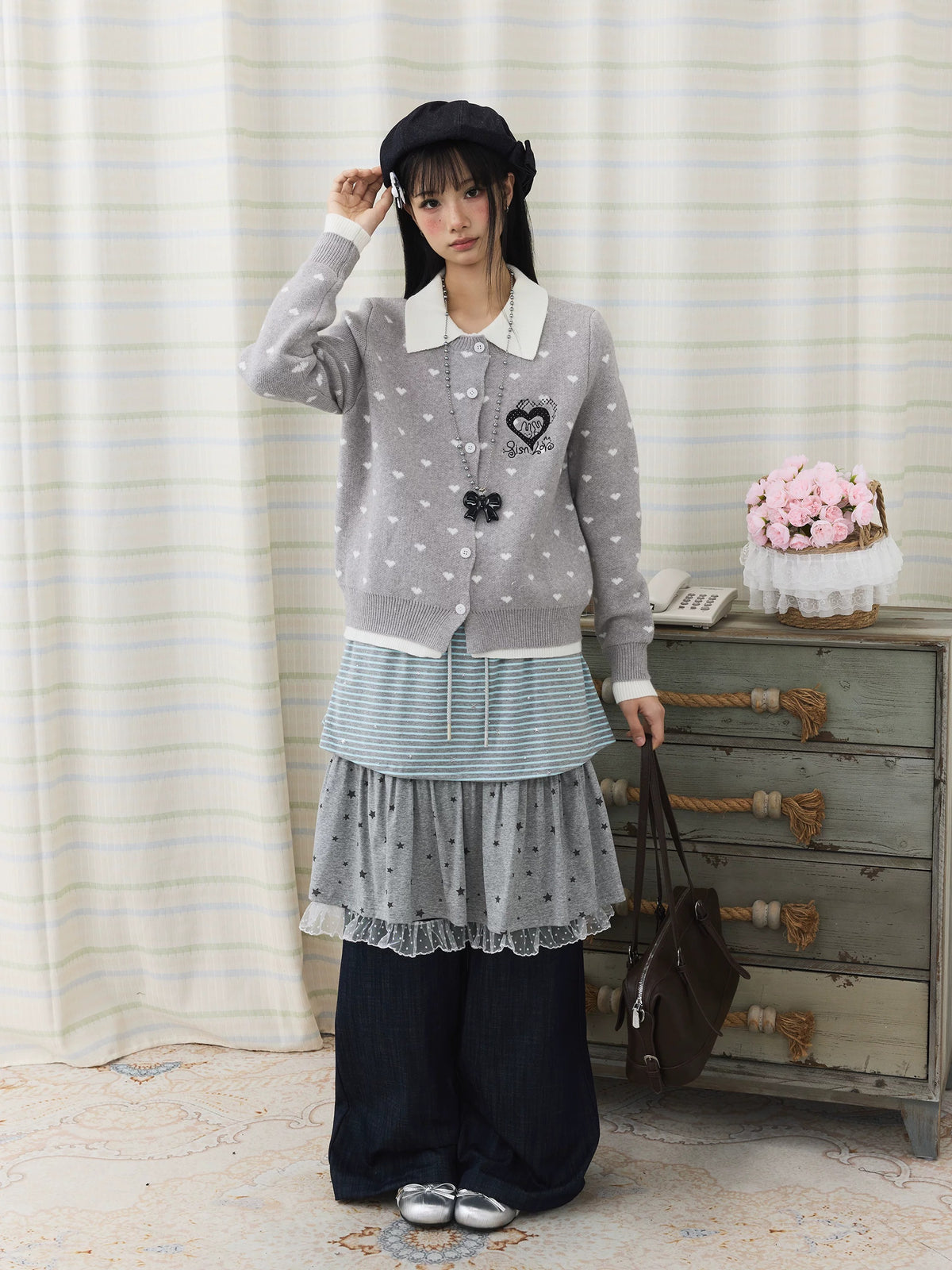 Star Stripe Layered Skirt Wide-Leg Pants