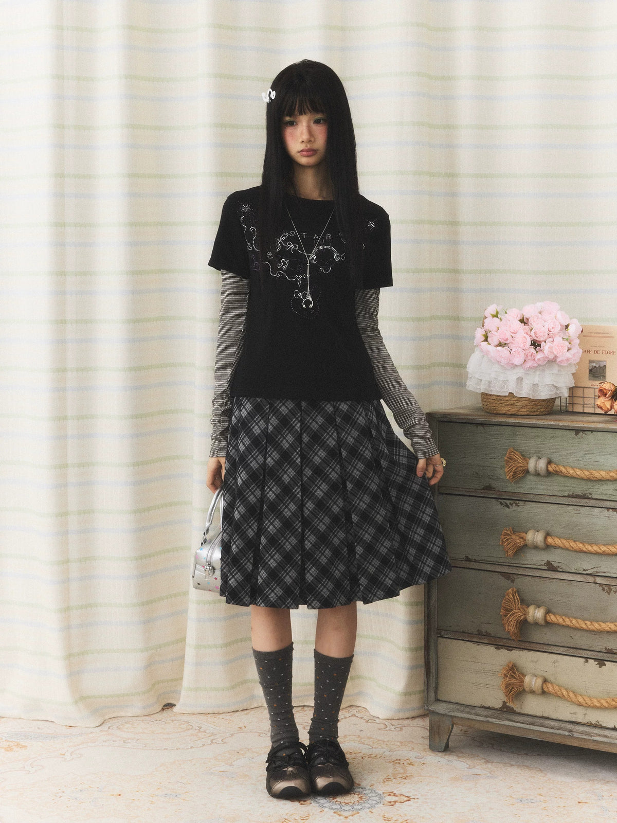 Vintage Plaid Pleated Midi Skirt