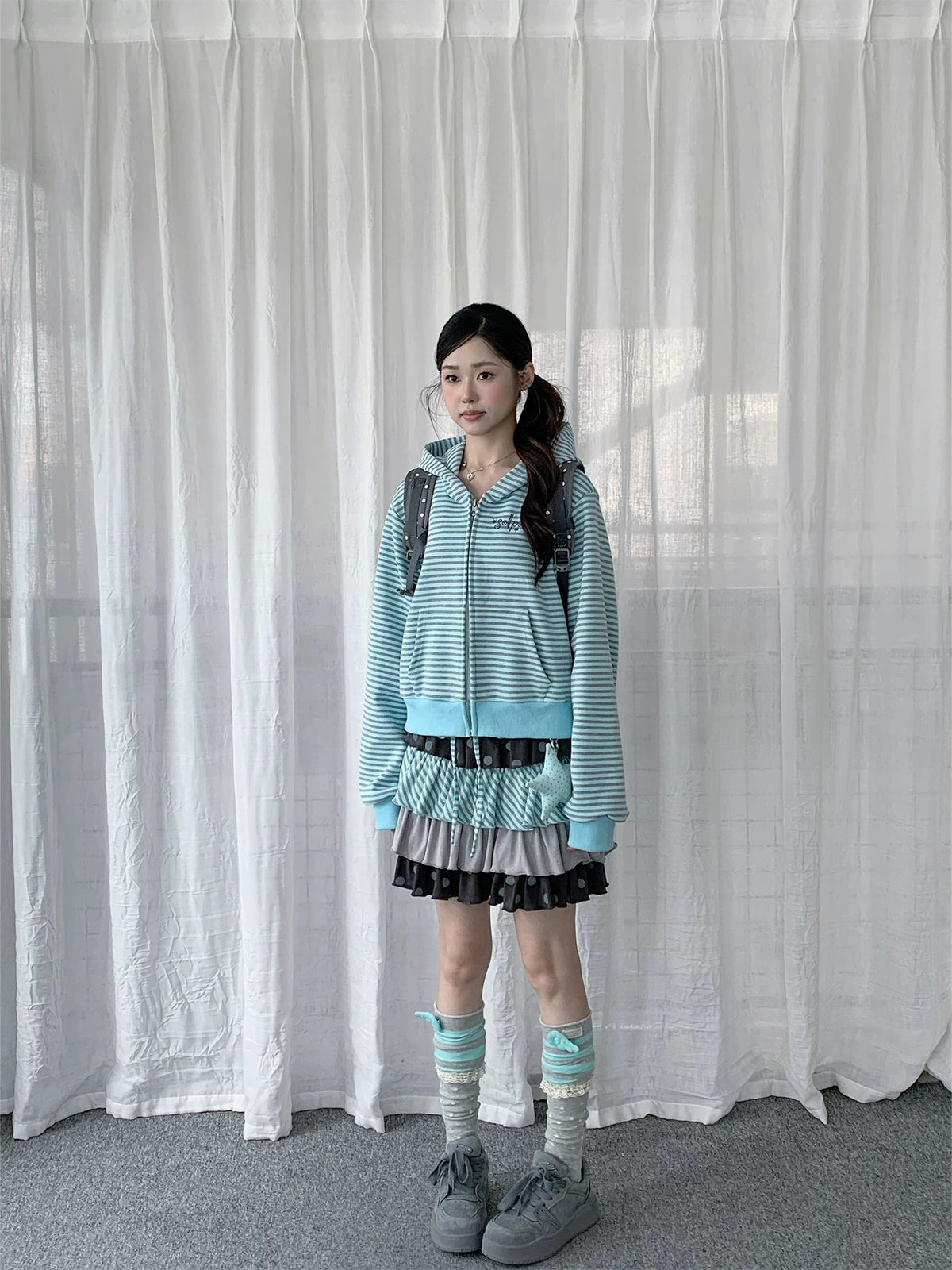 Polka Dot Stripe Tiered Ruffle Mini Skirt