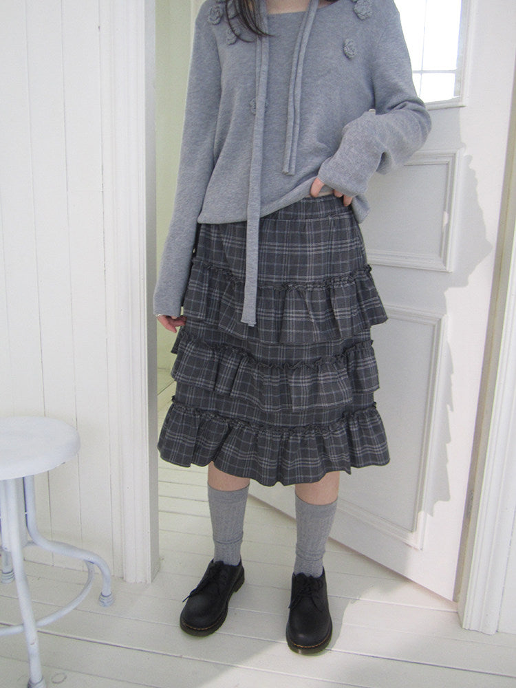 Vintage Gray Plaid Tiered Ruffle Skirt