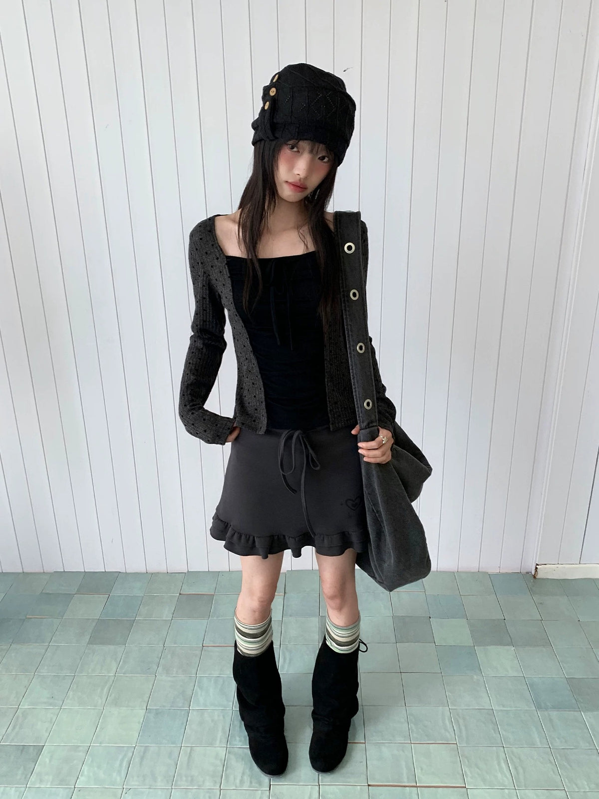 Heart Pulse Drawstring Ruffle Mini Skirt