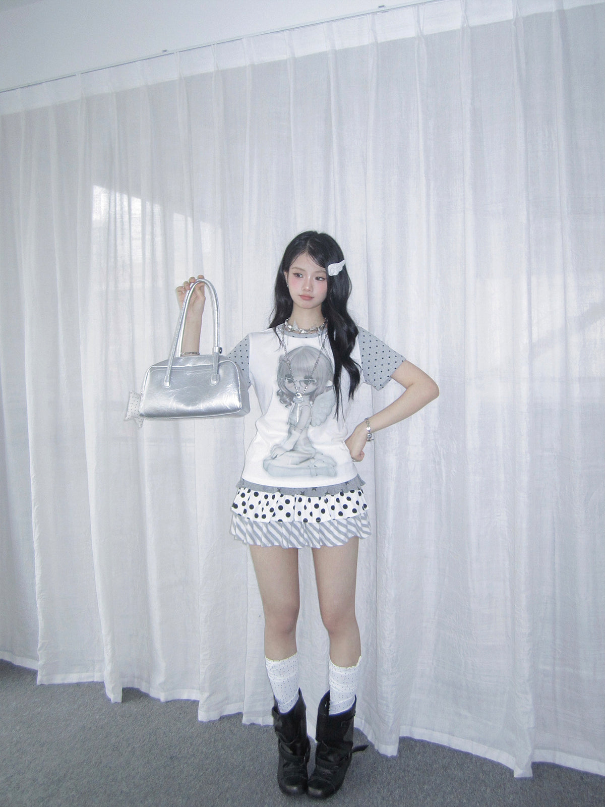 Angel Girl Contrast Sleeve Graphic Tee