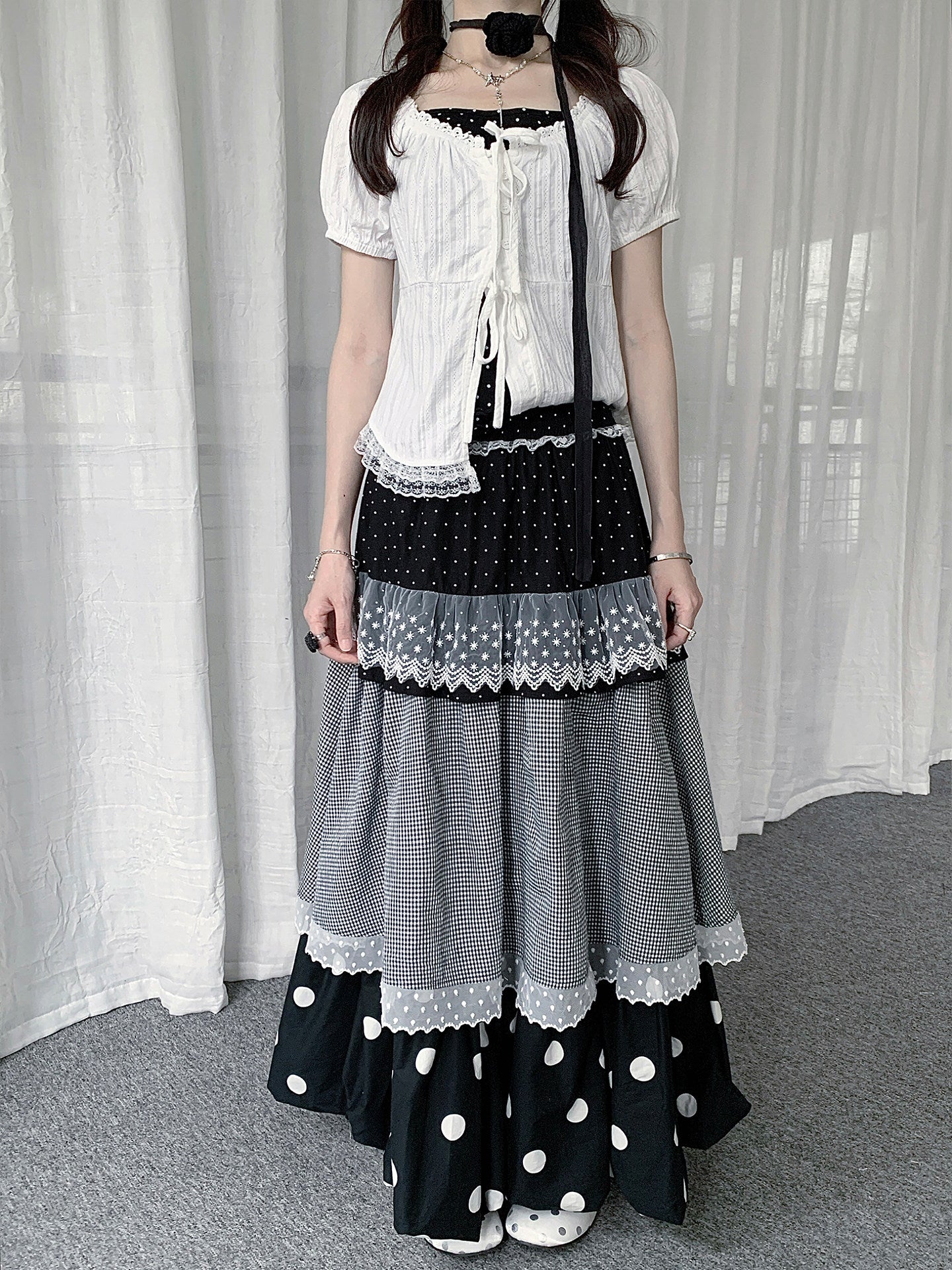 Polka Dot Lace Plaid Tiered Maxi Skirt