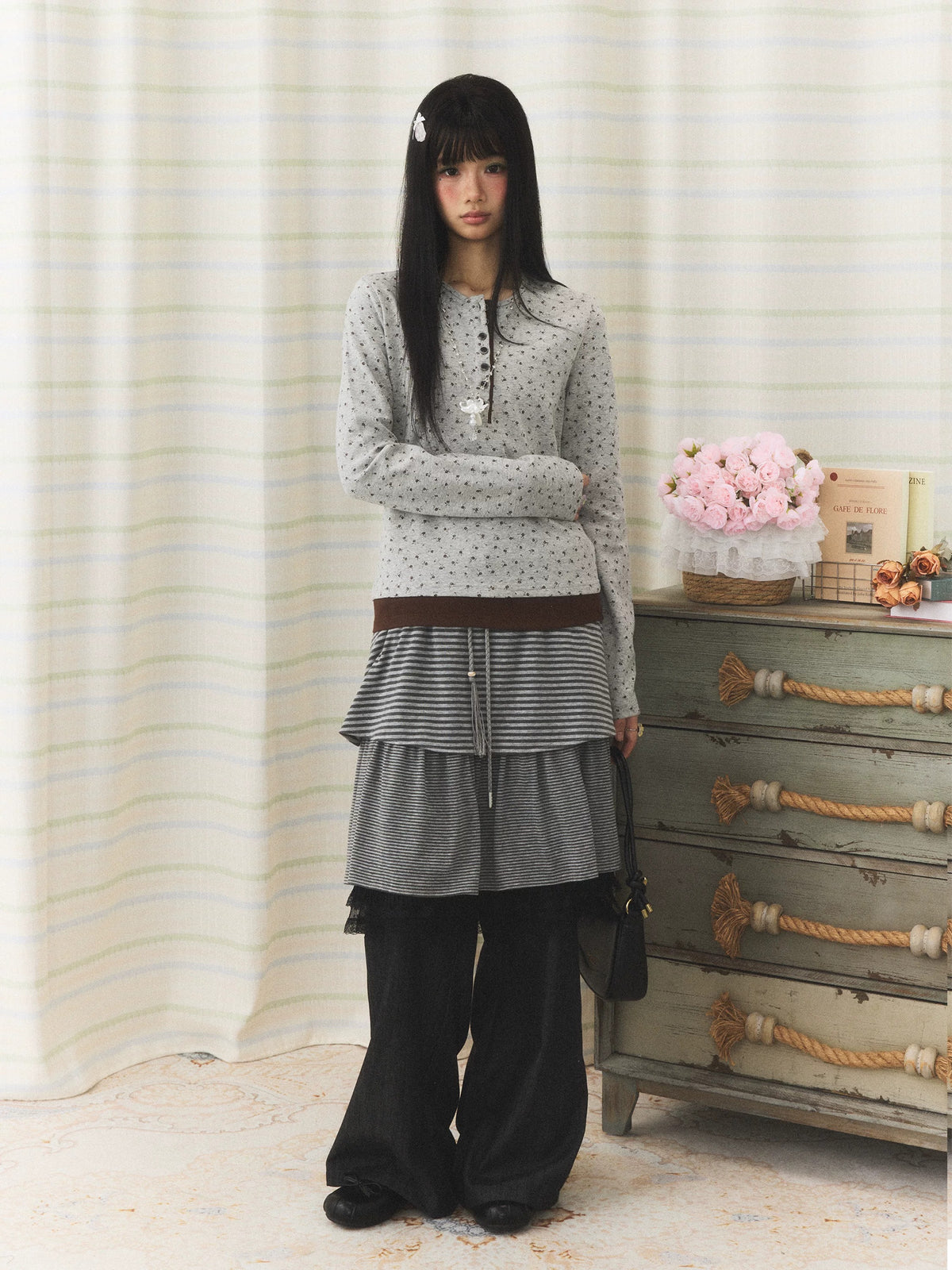 Floral Henley Faux-Layer Long Sleeve Top