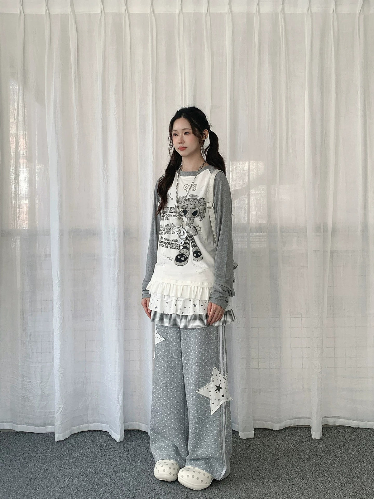 Angel Girl Graphic Raglan Ruffle Long Sleeve Top