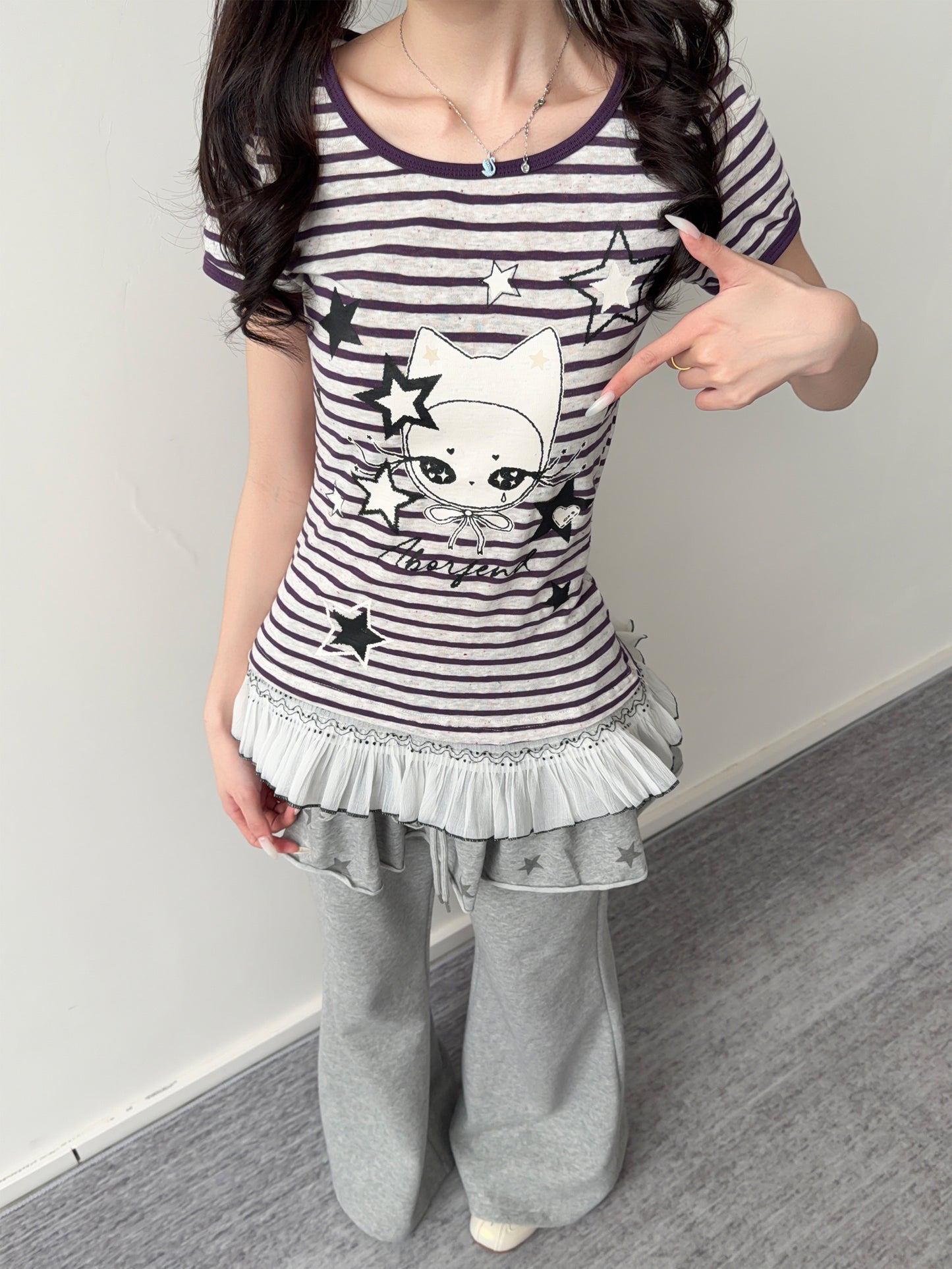 Purple Stripe Star Girl Ruffle-Hem Tee