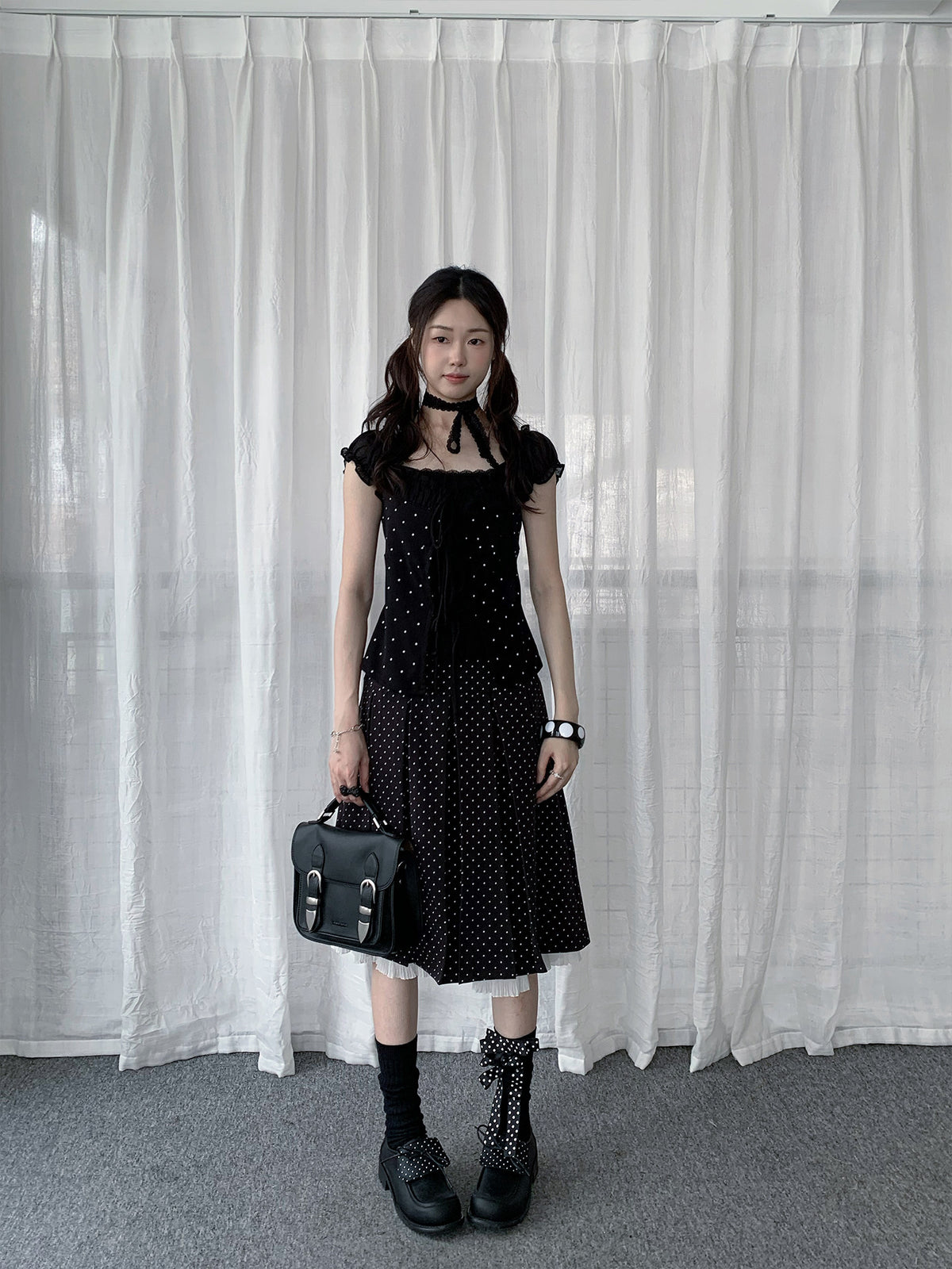 Polka Dot Pleated Ruffle Midi Skirt