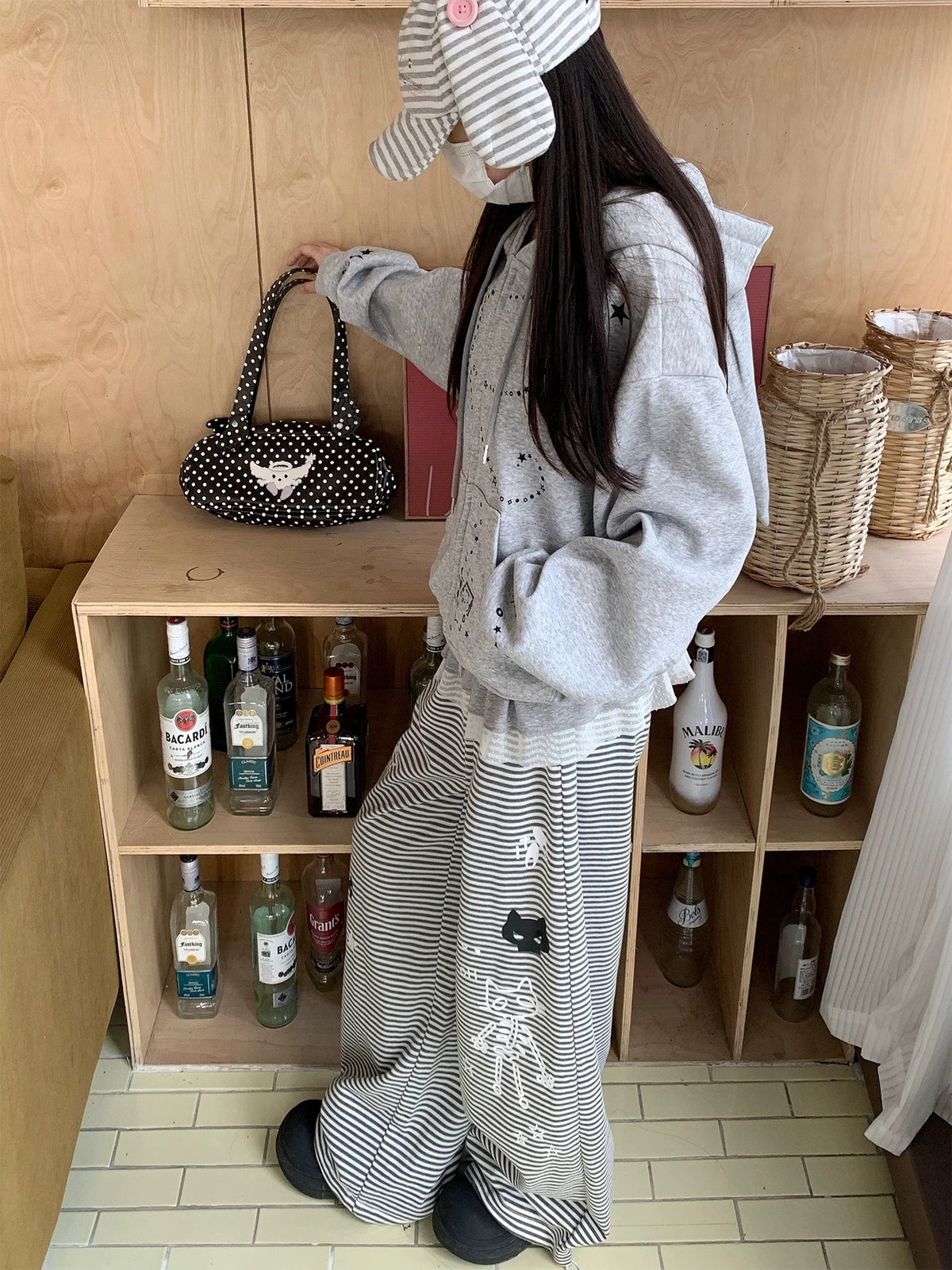 Cartoon Cat Stripe Drawstring Wide-Leg Sweatpants