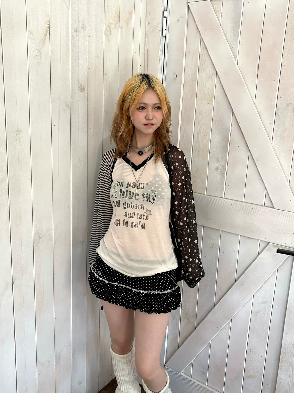 Star Mesh Stripe Contrast Lyocell Long Sleeve Top