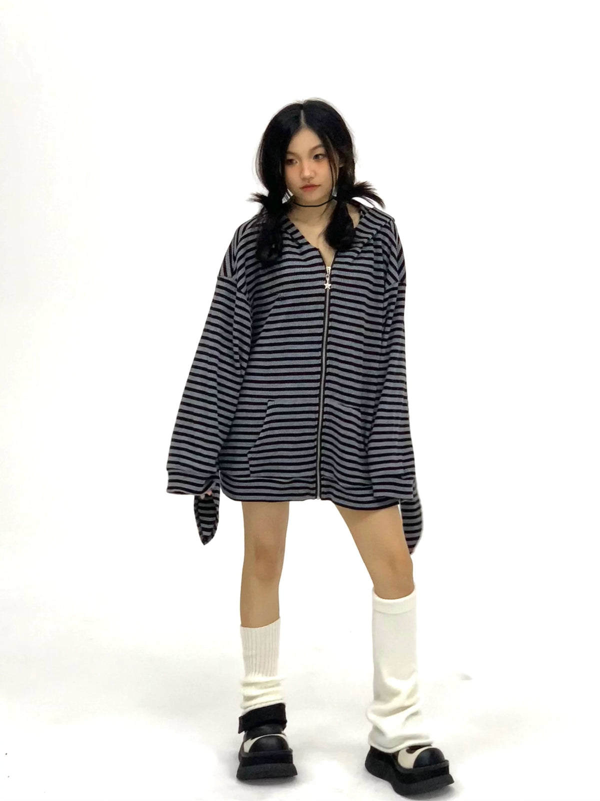 Shadow Stripe Bunny Ear Zip Hoodie