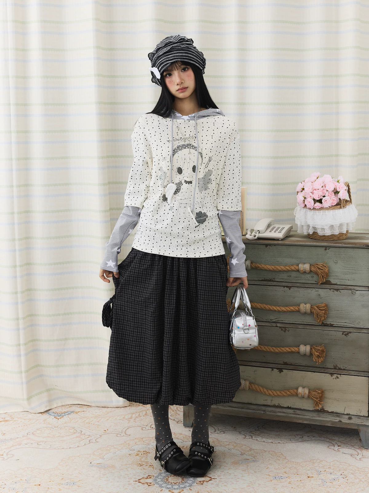 Cartoon Star Print Faux-Layer Hooded Top