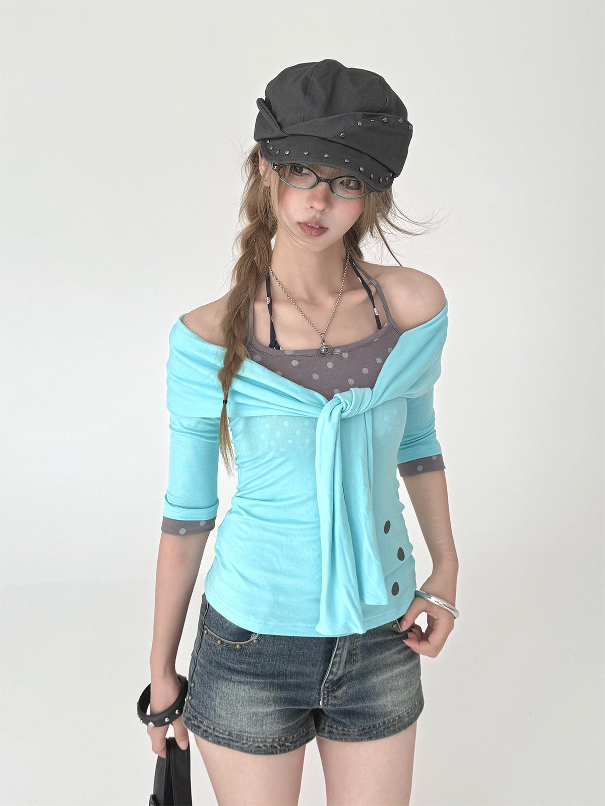Aqua Tie-Front Faux Layered Henley Top