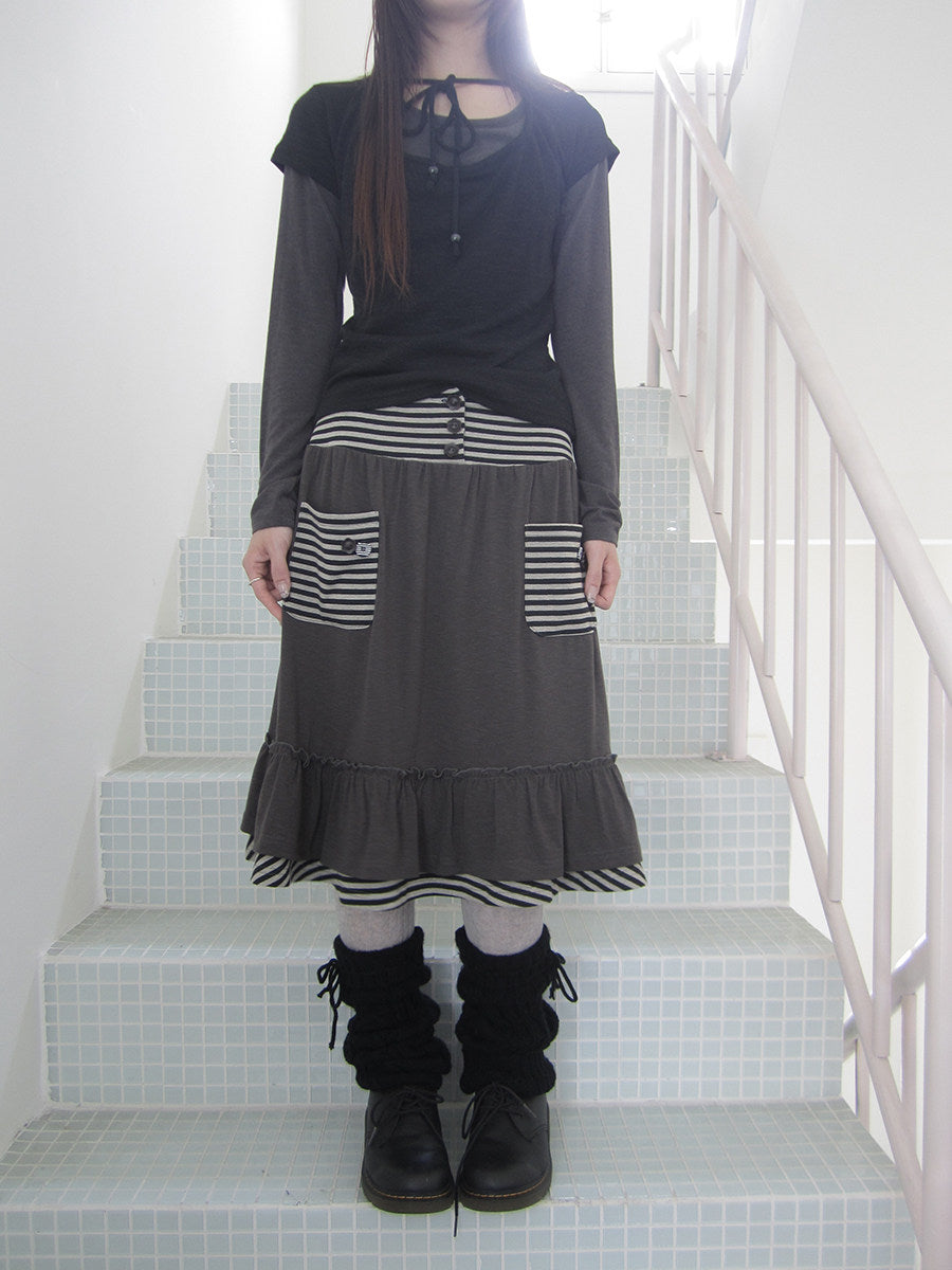 Striped Pocket Ruffle Layered Midi Skirt