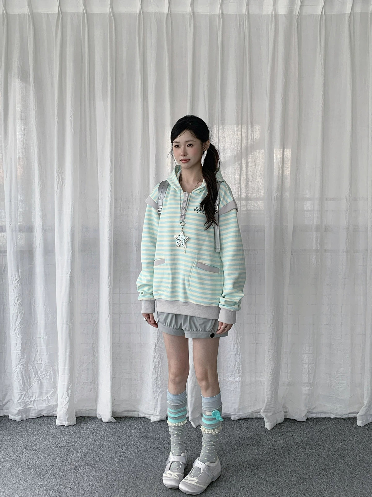 Striped Half-Placket Hooded Pullover