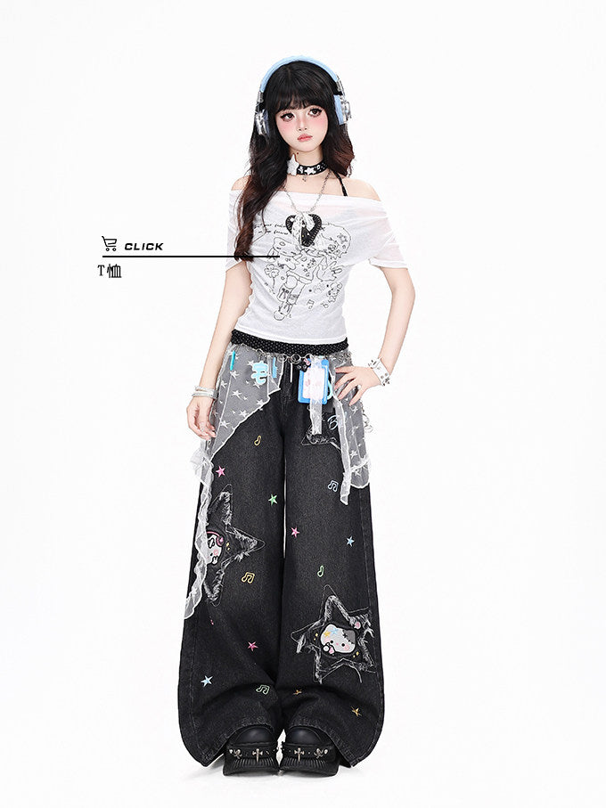 Star Cat Patch Wide-Leg Jeans with Card Holder Charm
