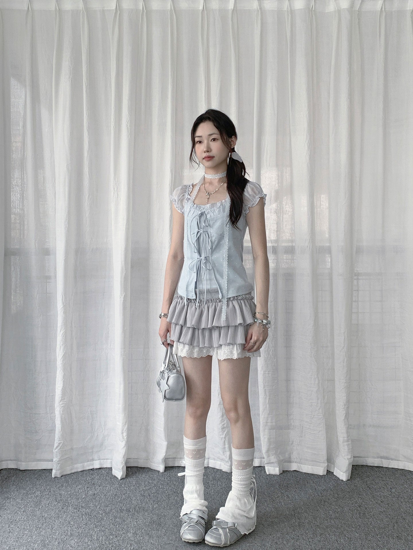 Silver-Gray Ballet Tiered Ruffle Lace Mini Skirt