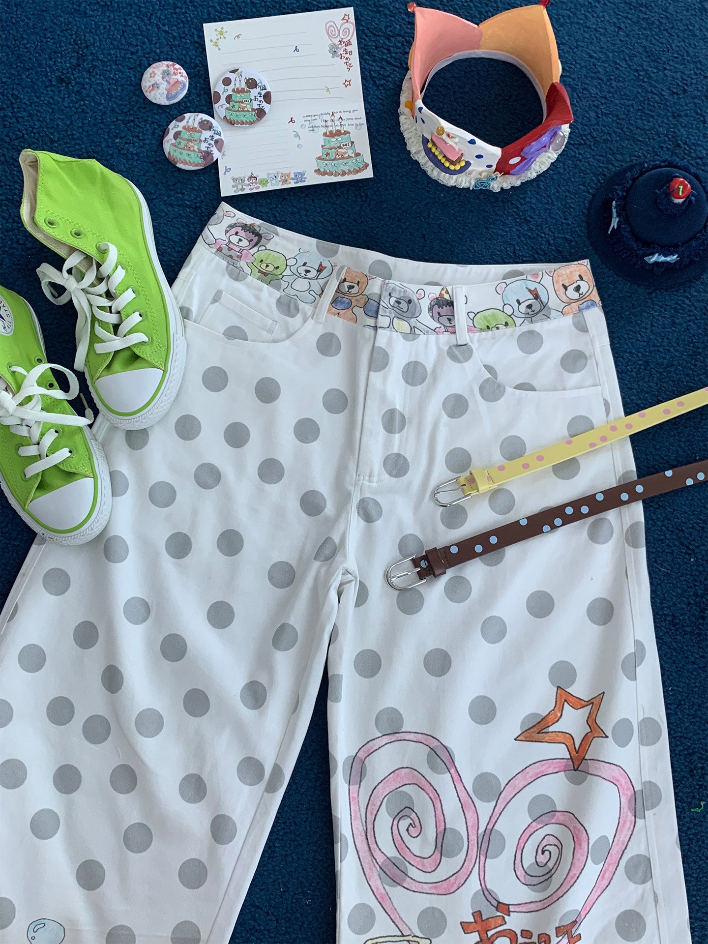 Happy Birthday Bear Gray Polka Dot Wide-Leg Pants