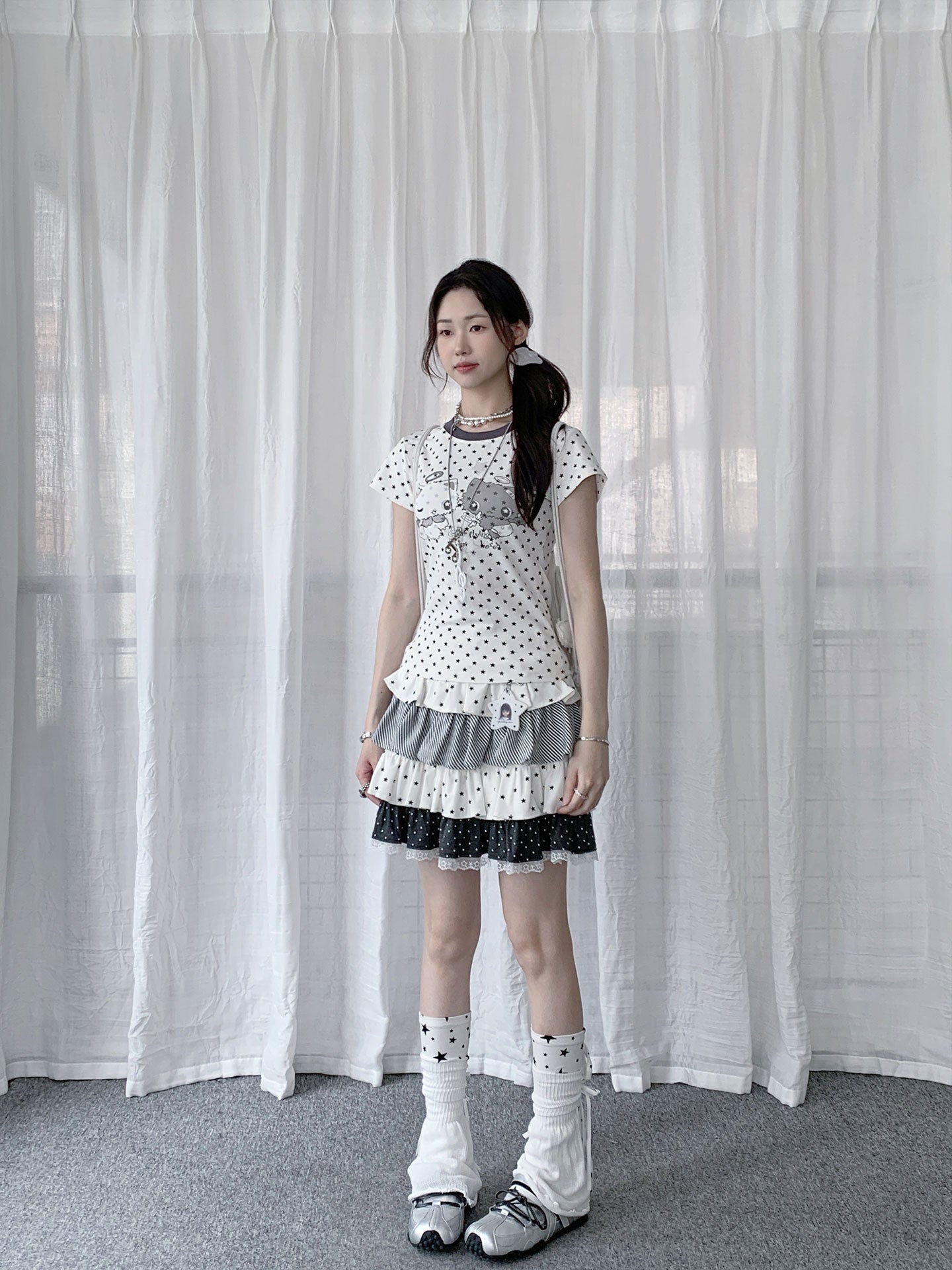 Starry Polka Dot Tiered Ruffle Mini Skirt