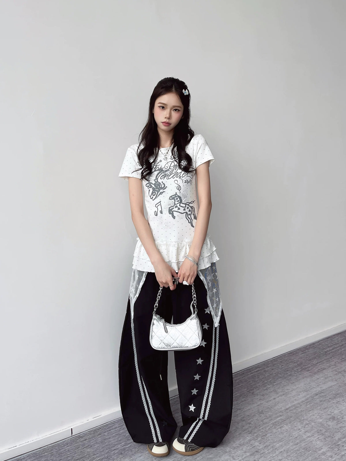 Star Lace Overlay Wide-Leg Parachute Pants
