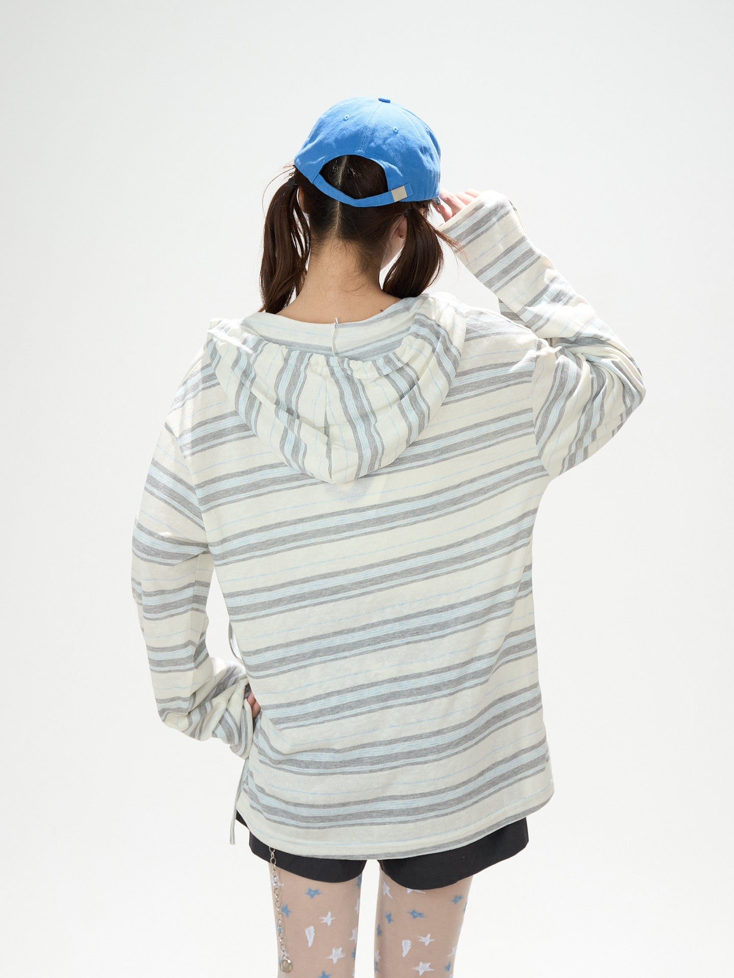 Blue Striped Hooded Long Sleeve Top & Dark Gray Drawstring Shorts
