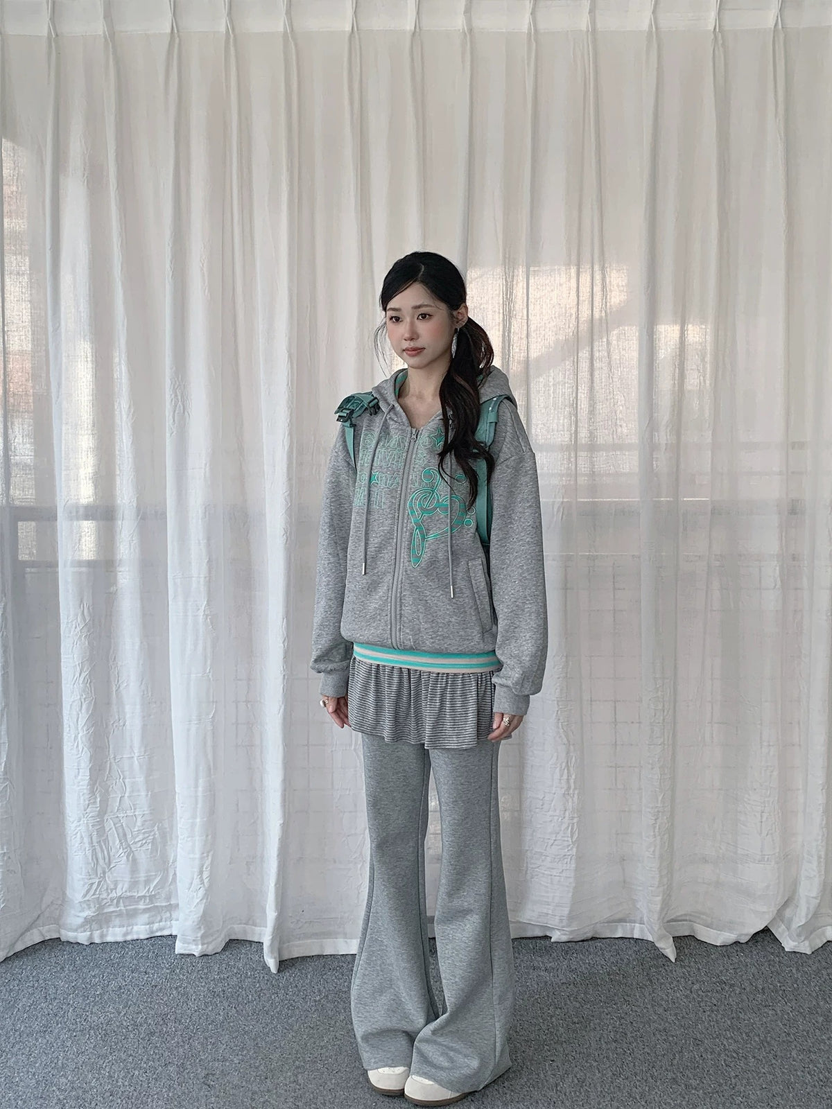 Music Note Embroidered Zip-Up Hoodie