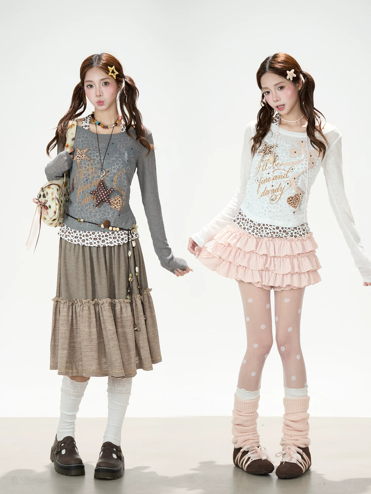 Leopard Layered Halter Long Sleeve Top & Pink Tiered Ruffle Mini Skirt