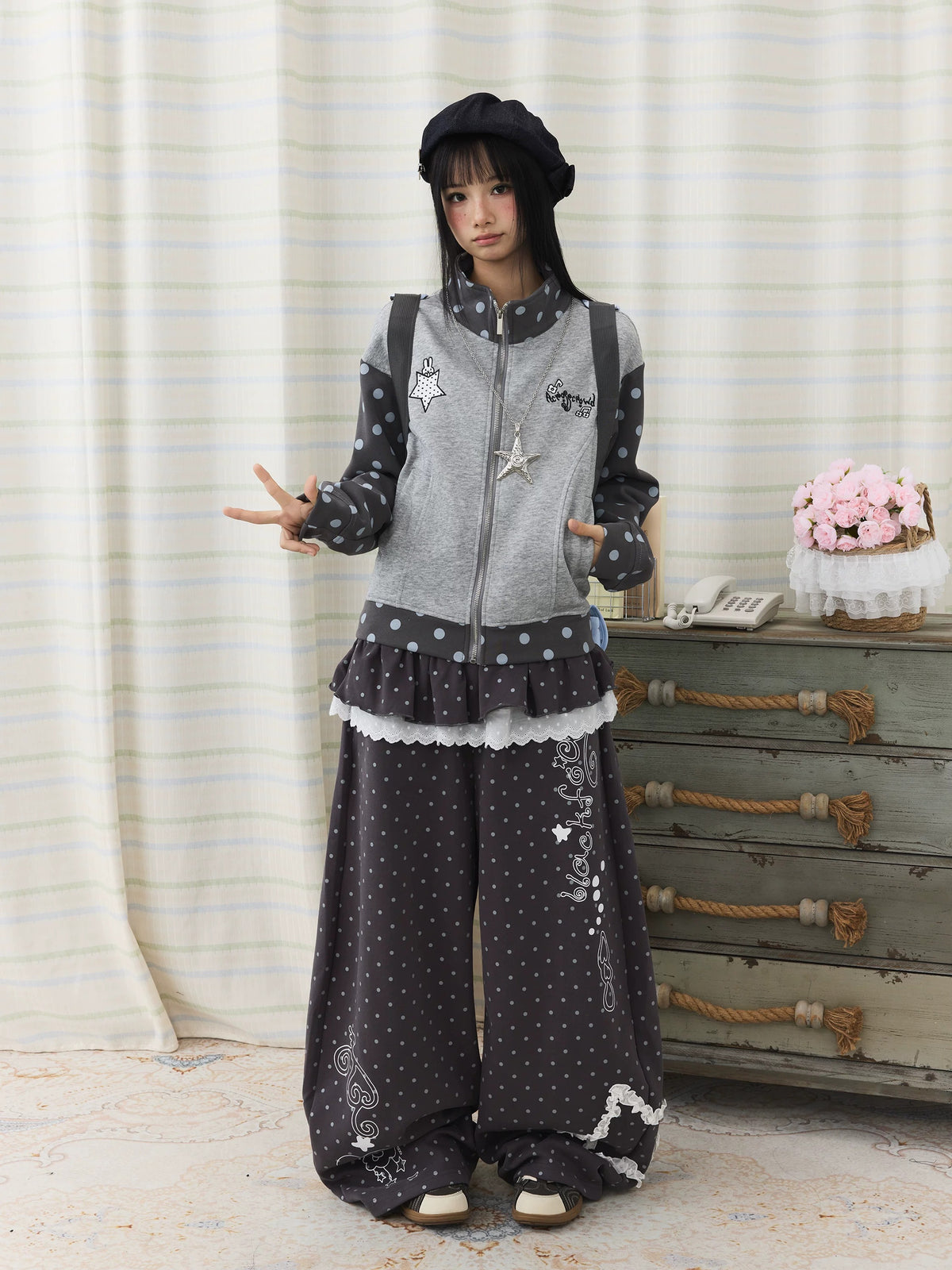 Polka Dot Lace Ruffle-Layer Wide-Leg Pants