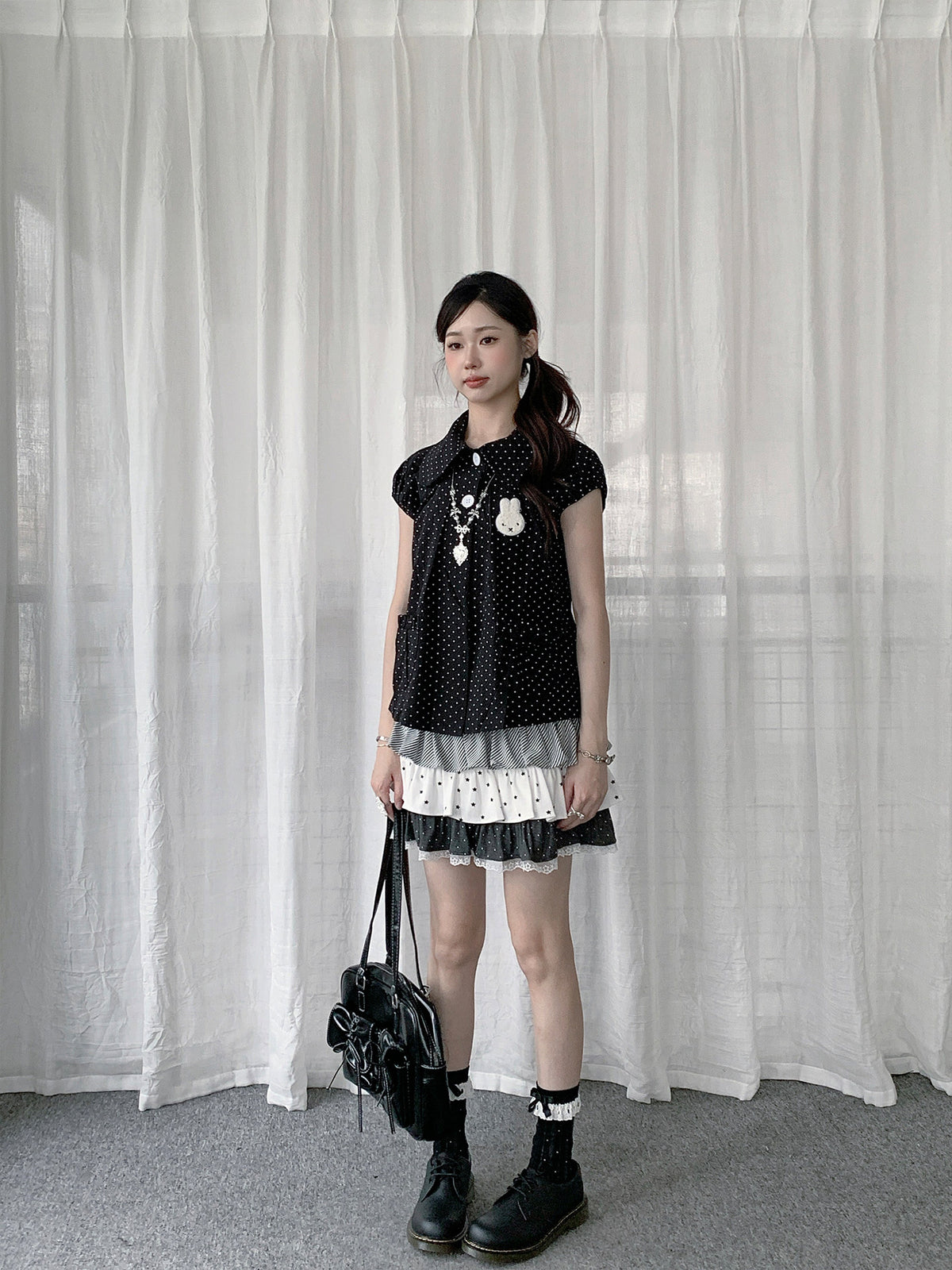 Polka Dot Bunny Patch Puff-Sleeve Shirt