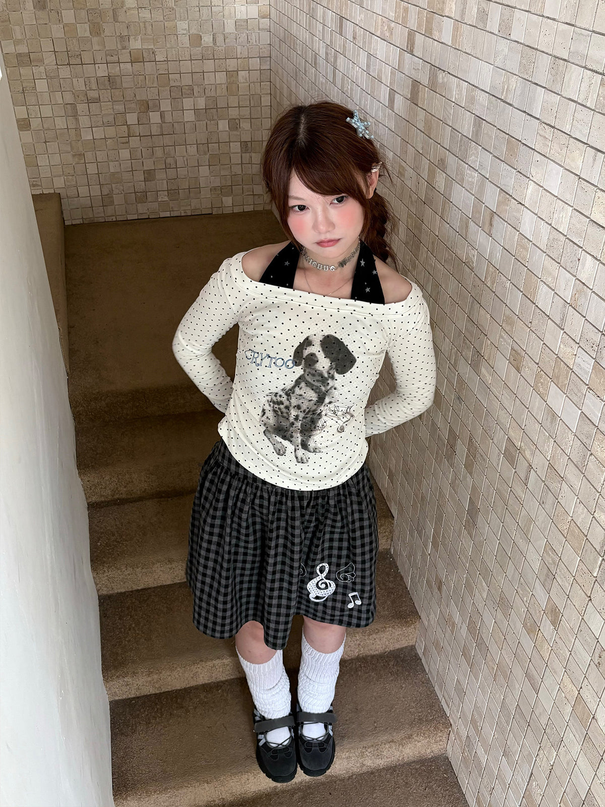 PRODUCT TITLE Angel Wing Music Note Plaid Pleated Skirt