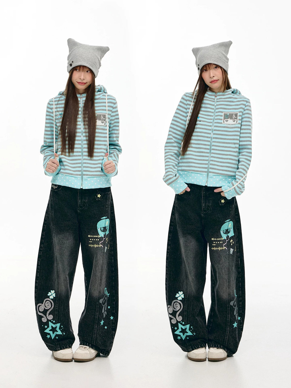 Washed Black Cartoon Music Note Barrel-Leg Jeans
