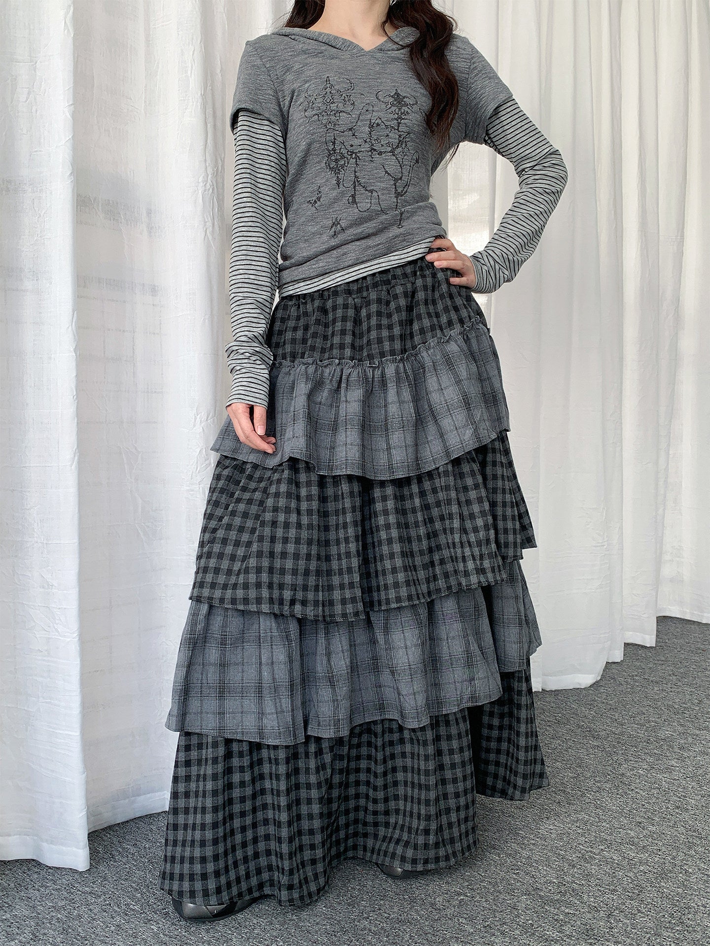 Layered Plaid Tiered Maxi Skirt