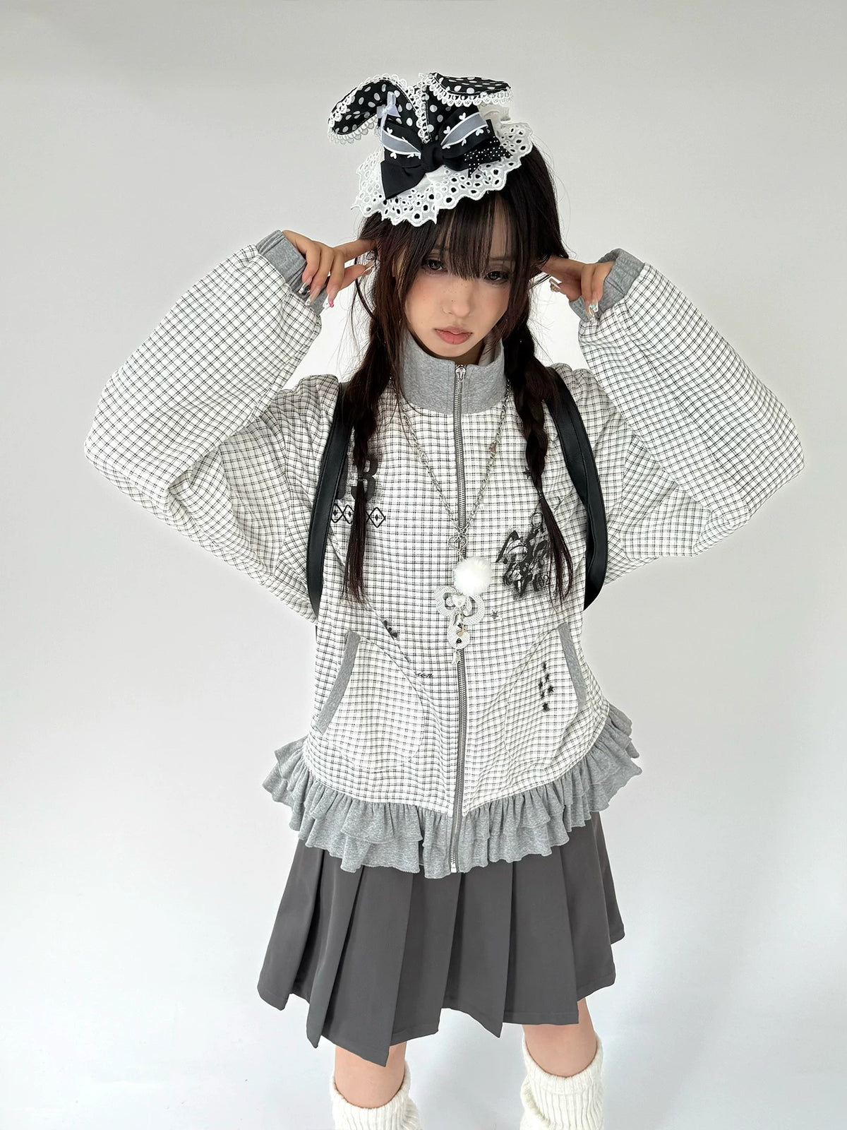 Sugar Check Graphic Ruffle-Hem Zip-Up Jacket
