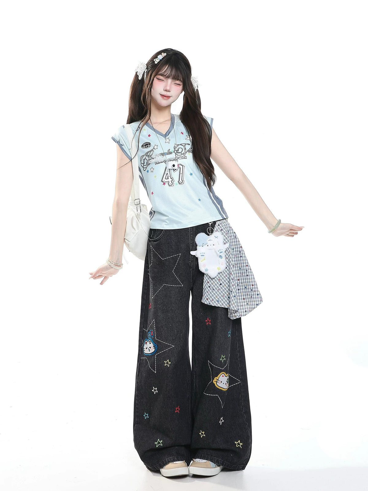 Star Kitty Embroidered Wide-Leg Jeans with Plush Charm