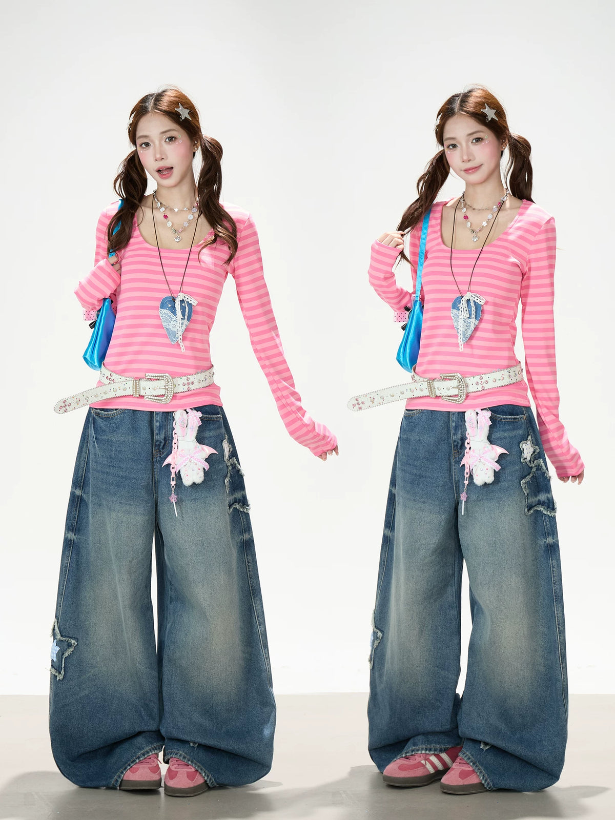 Pink Stripe U-Neck Long Sleeve Top & Star Patch Wide-Leg Jeans