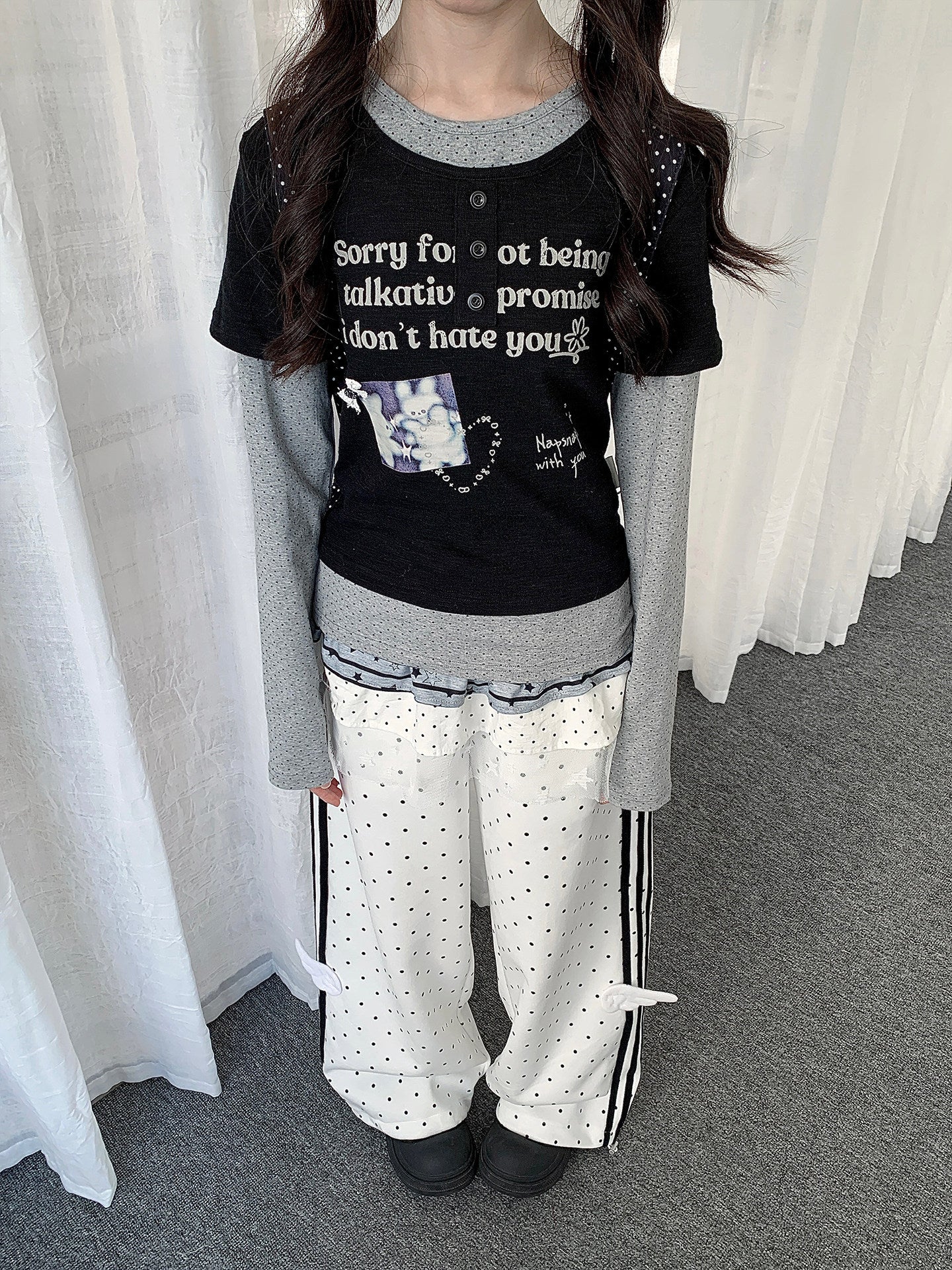 Polka Dot Wing-Detail Wide-Leg Track Pants