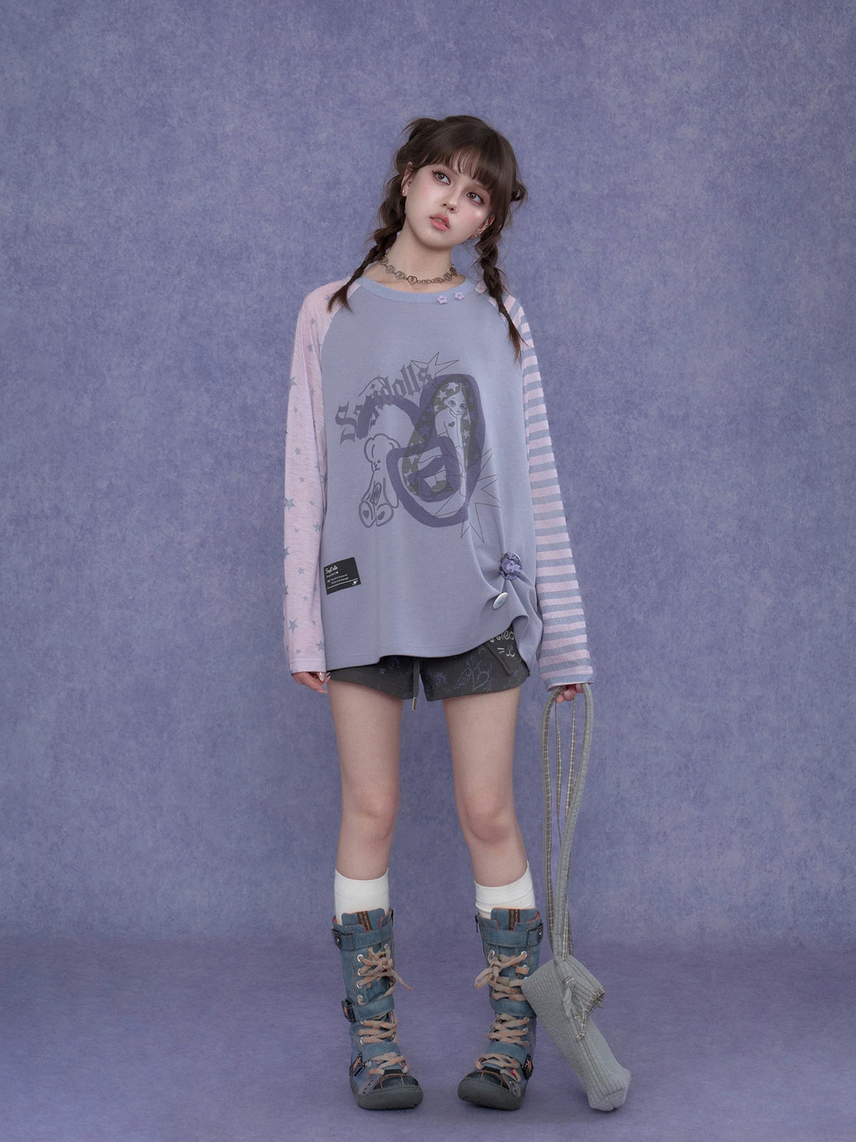Lavender Star Stripe Raglan Graphic Long-Sleeve Tee