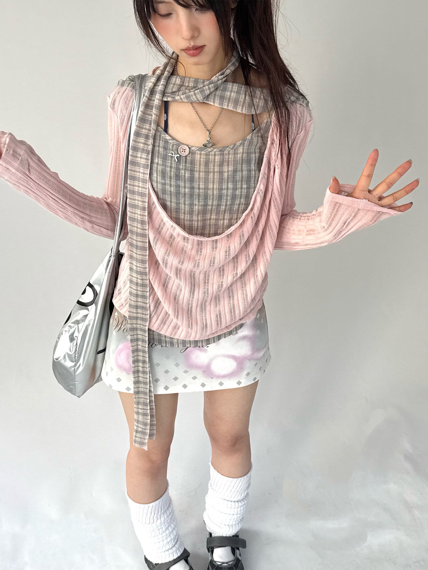 Dusty Pink Plaid Cowl-Neck Layered Top