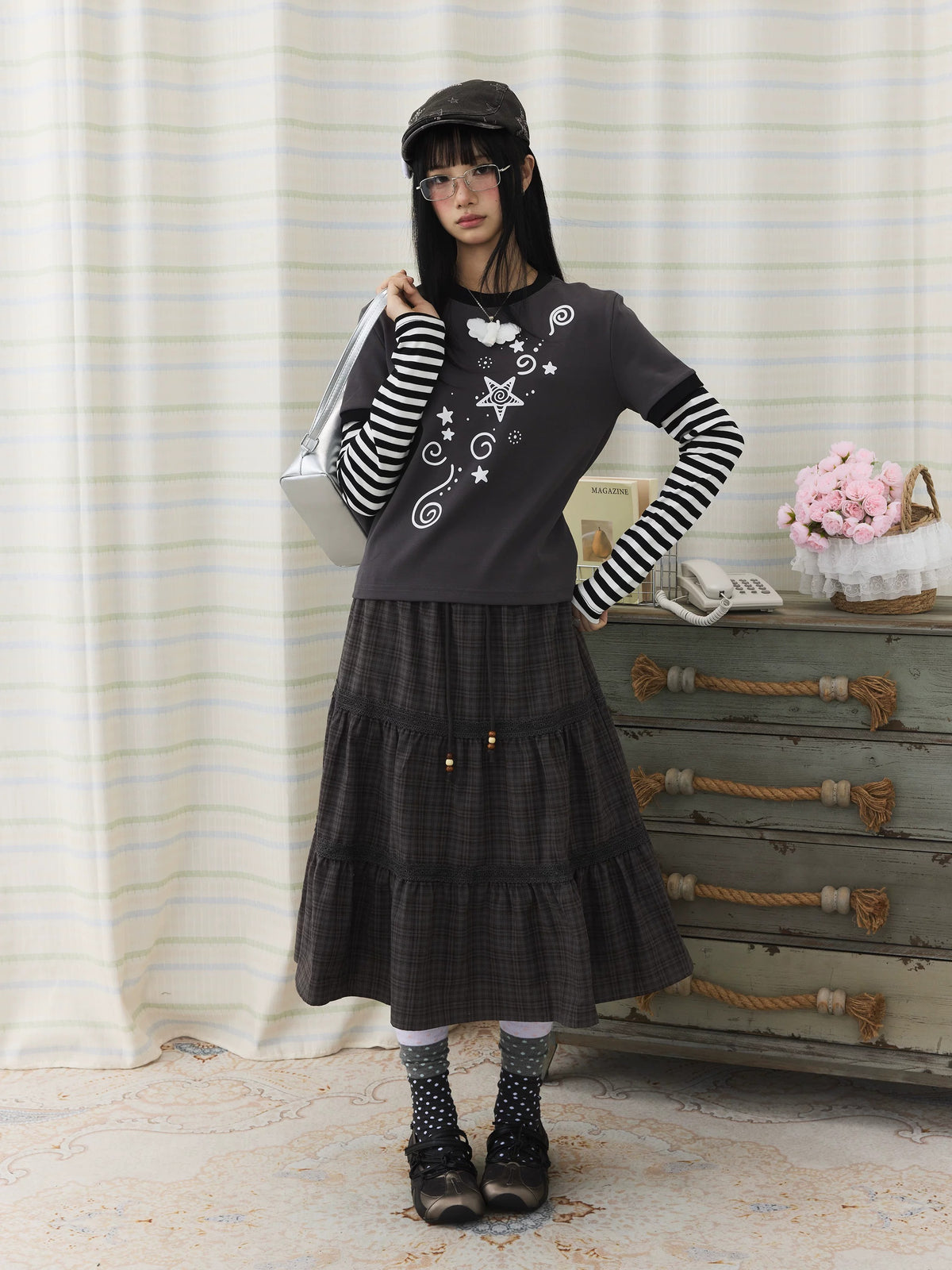 Plaid Tiered Lace Trim Midi Skirt