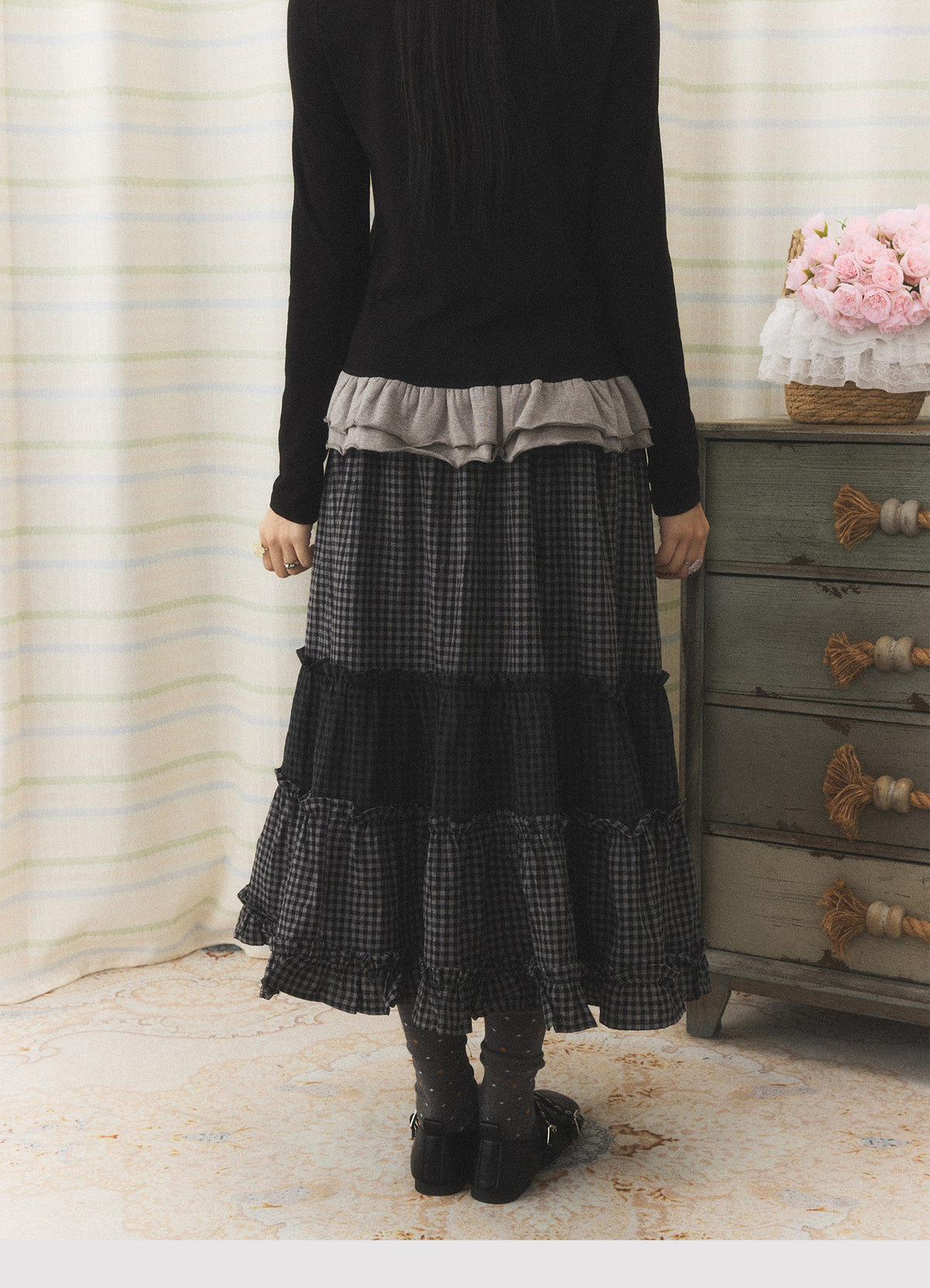 Mixed Plaid Tiered Ruffle Midi Skirt