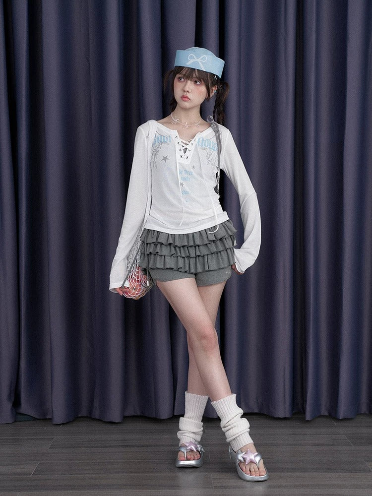 Charcoal Tiered Ruffle Side-Tie Skort