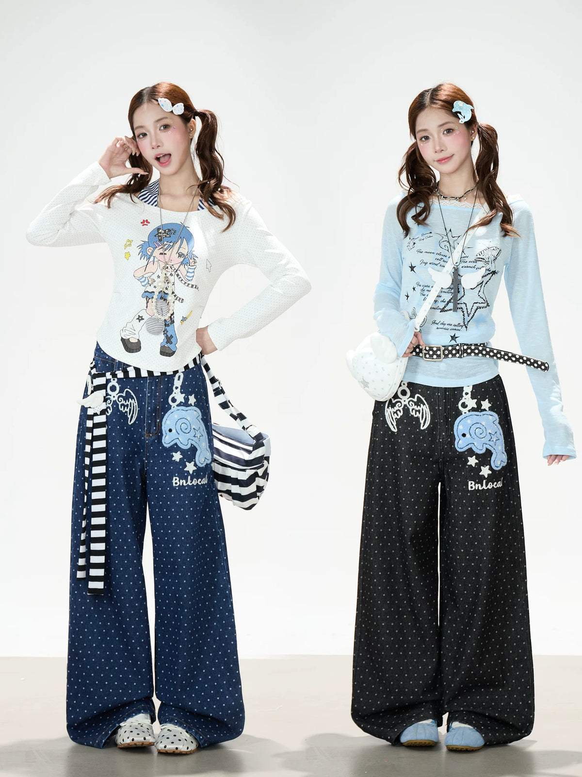 Dolphin Embroidered Polka Dot Wide-Leg Jeans