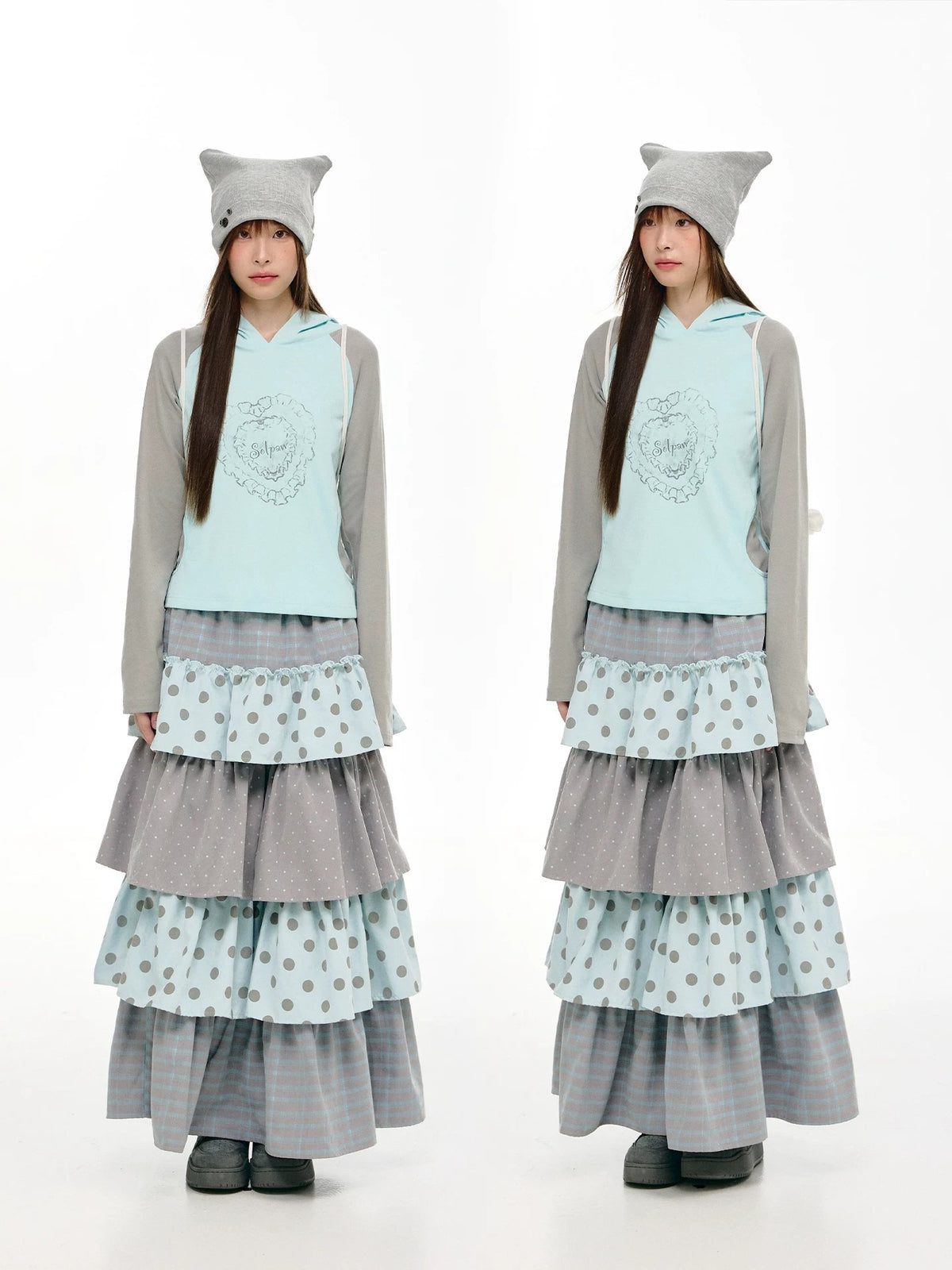 Mint Heart Contrast Hooded Long Sleeve Top