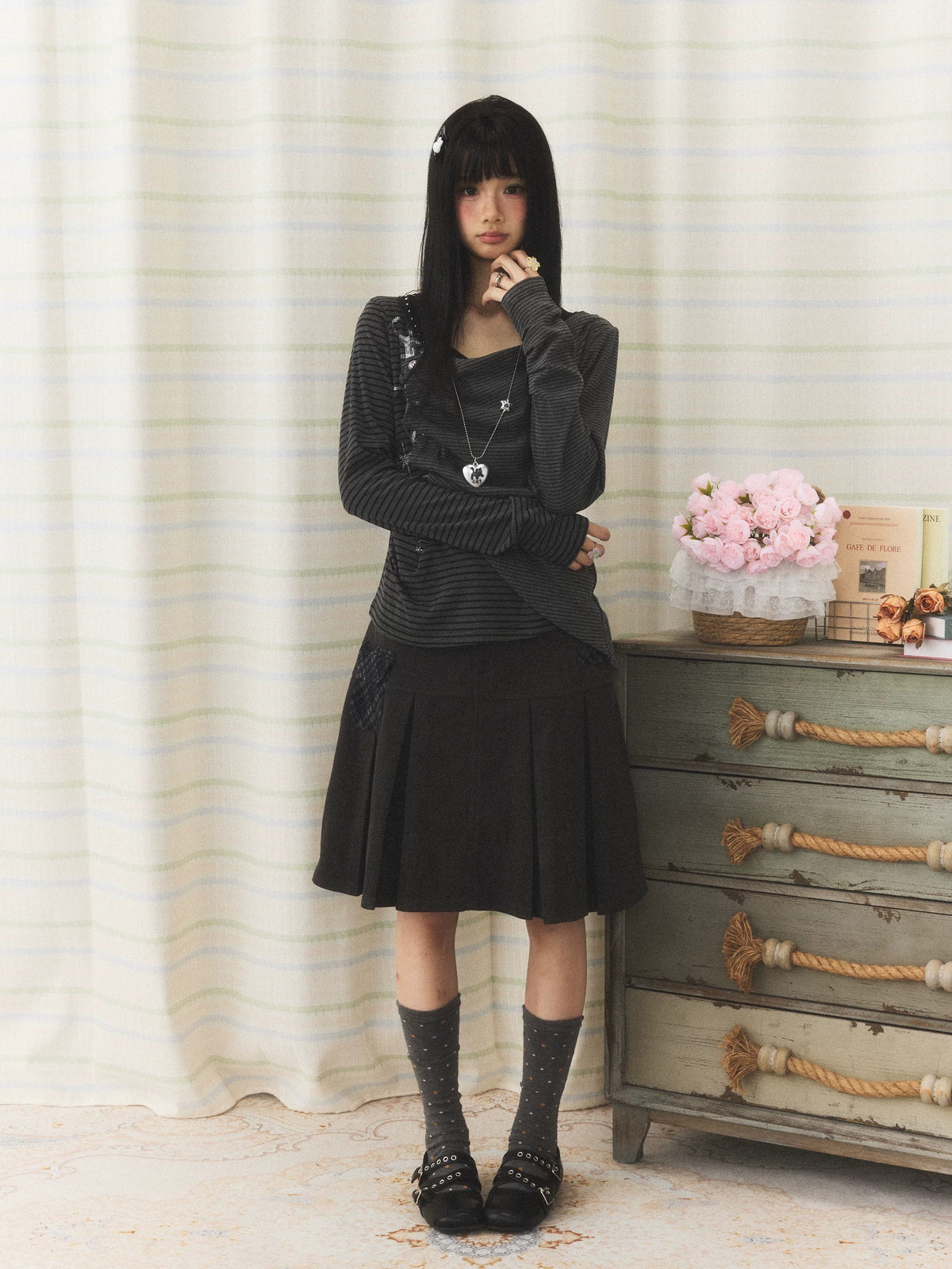 Charcoal Pleated A-Line Skirt