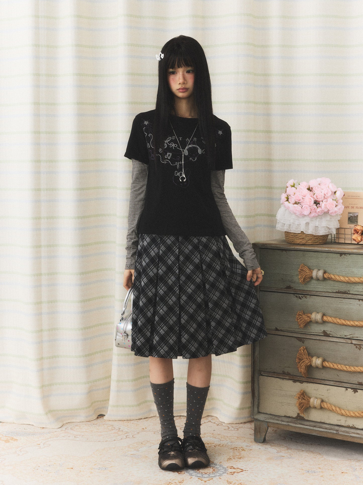 Rhinestone Melody Faux-Layer Stripe Long-Sleeve Tee
