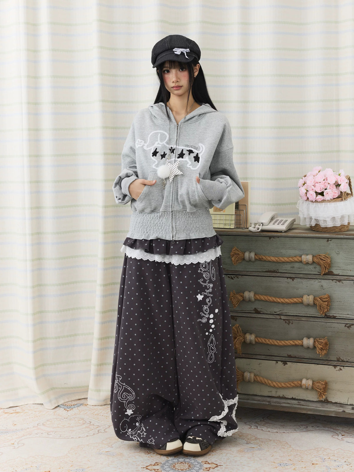 Star Puppy Smocked-Waist Zip-Up Hoodie