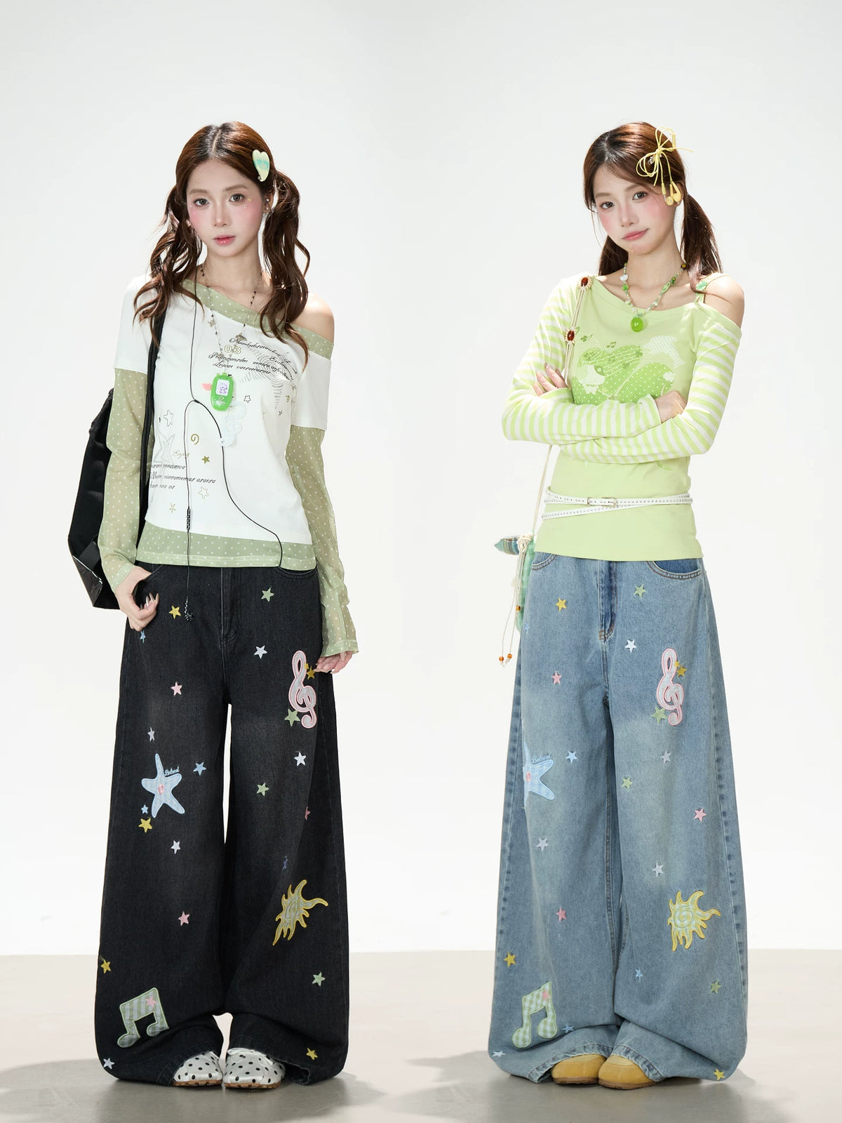 Music Note & Star Embroidered Washed Wide-Leg Jeans