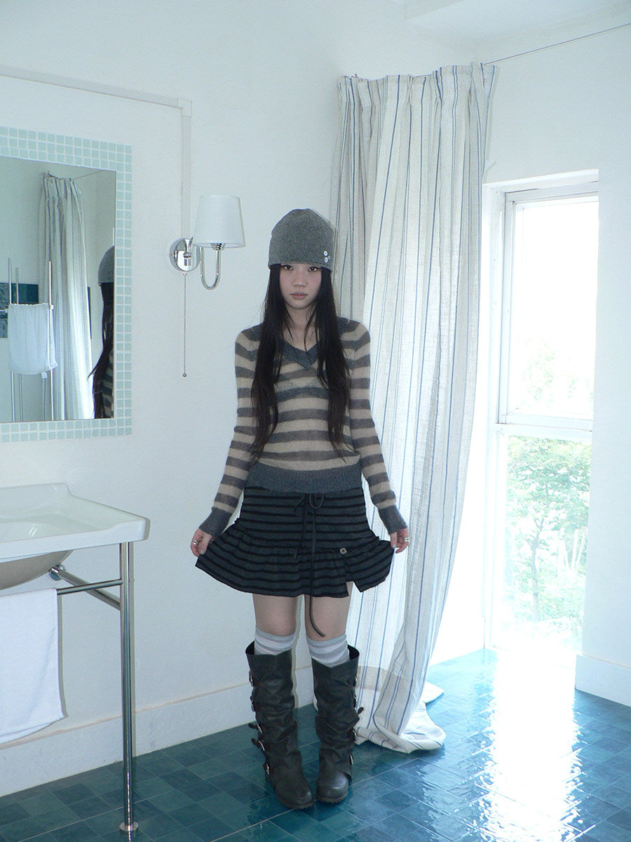 Striped Pleated Tie-Waist Mini Skirt