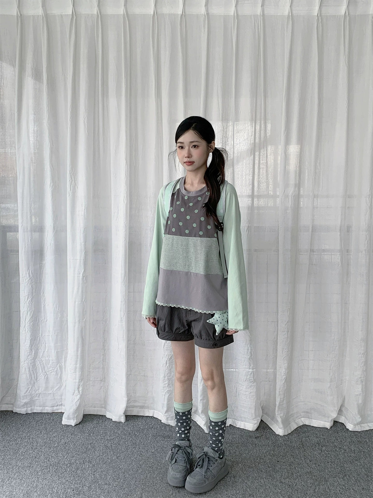 Polka Dot Stripe Lace-Trim Patchwork Long Sleeve Top