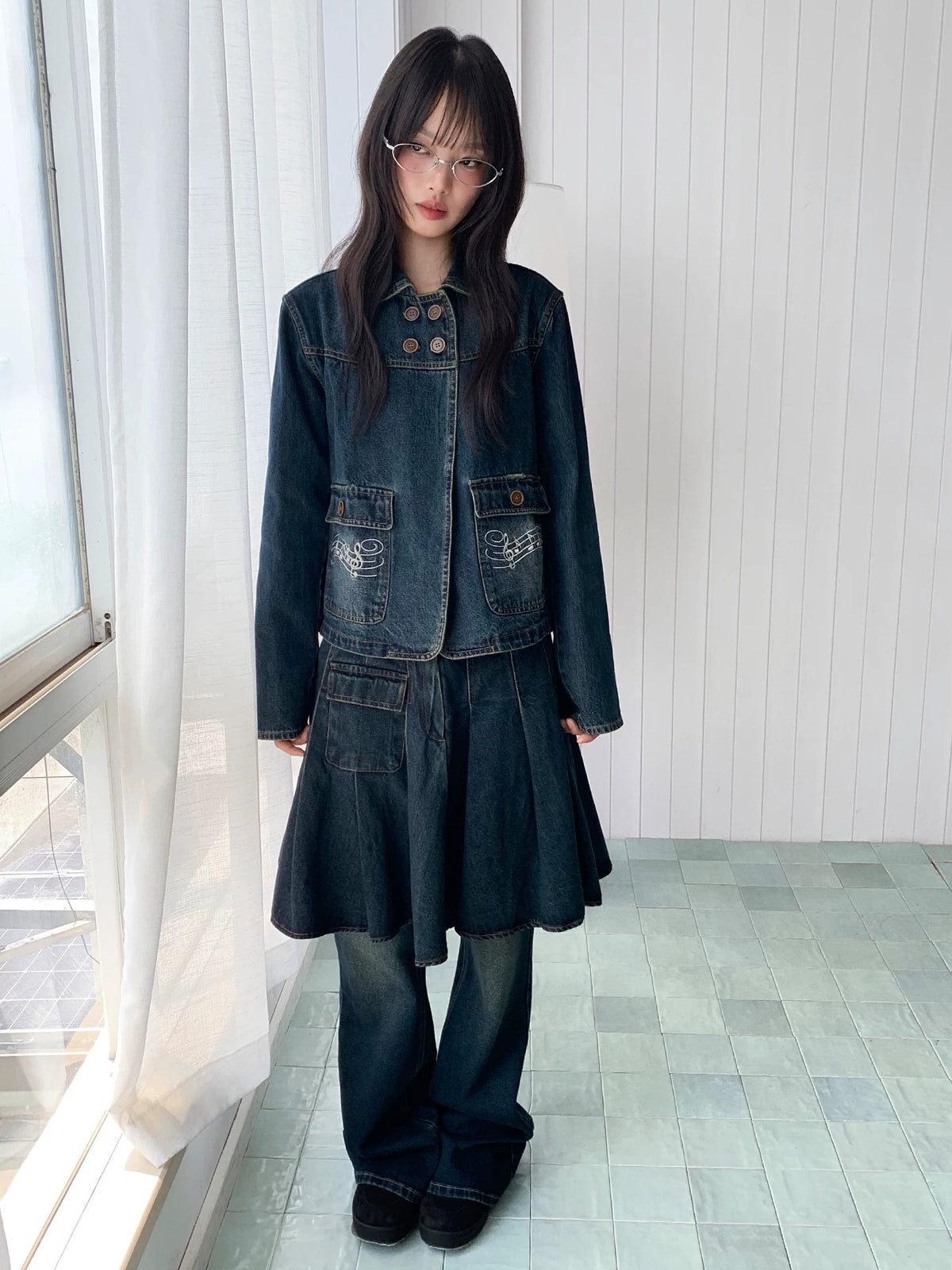 Washed Denim Utility Pleated Skirt