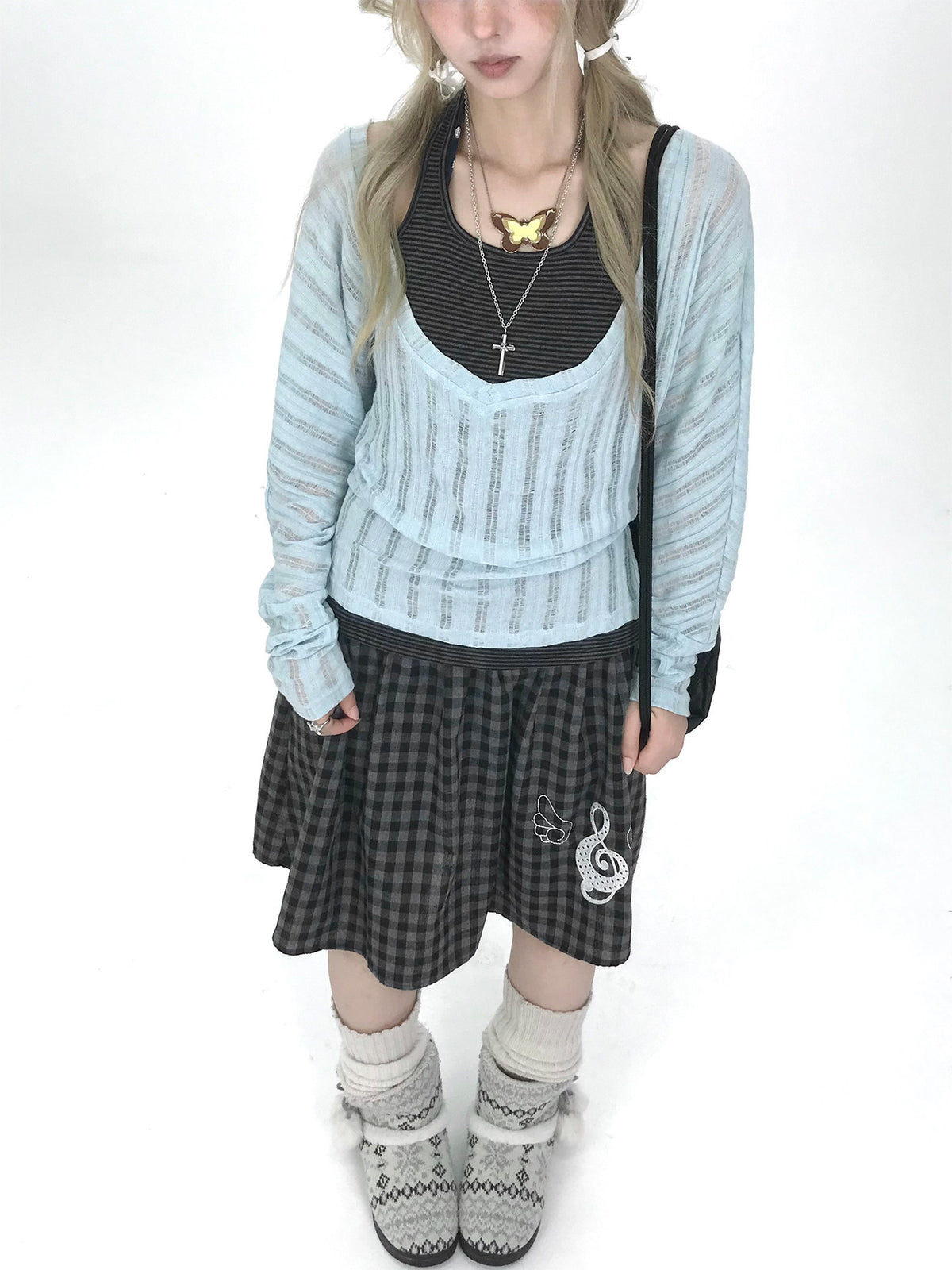 Icy Blue Striped Halter-Layered Long Sleeve Top